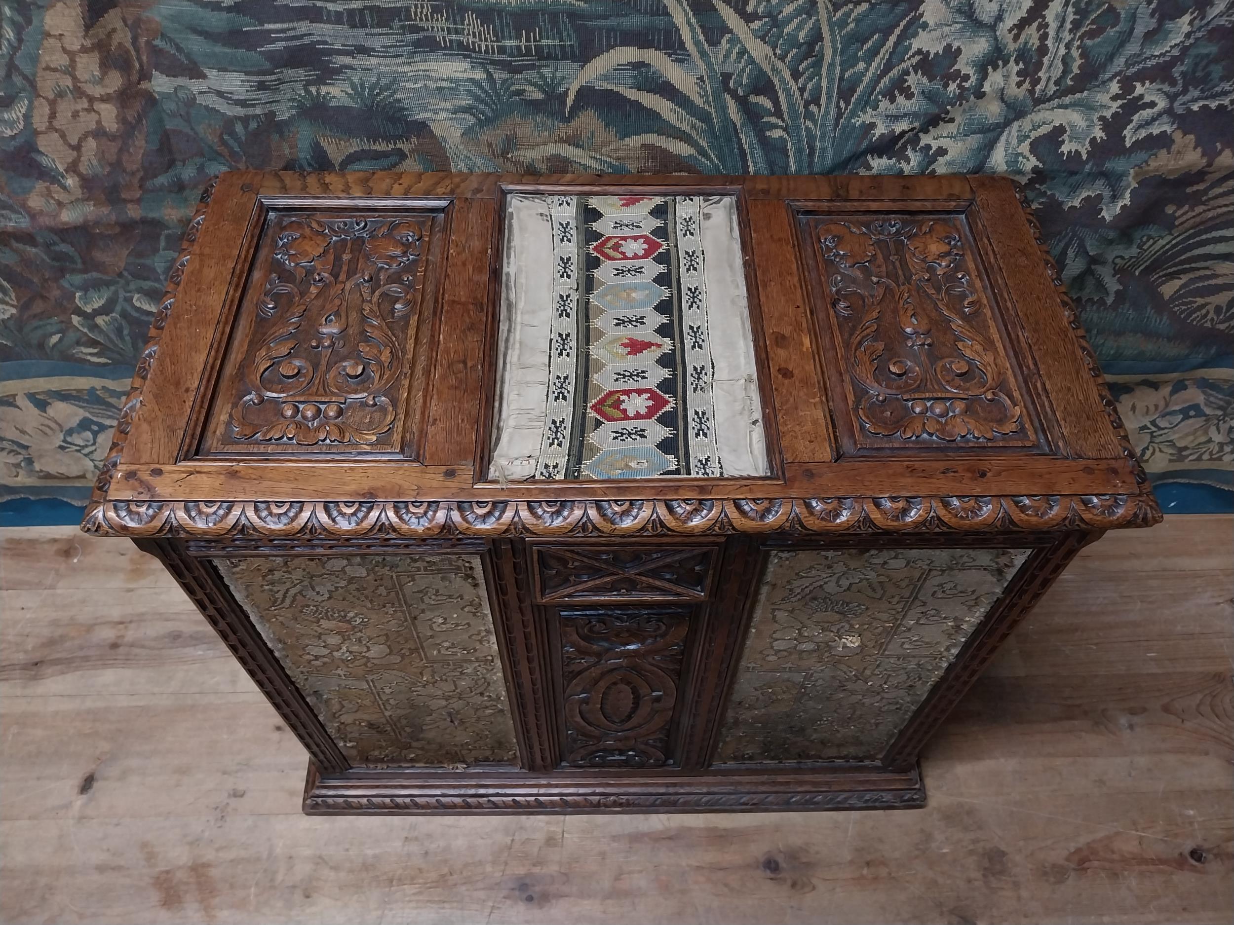 19th C. carved oak blanket box with tapestry panels {75 cm H x 85 cm W x 44 cm D}. - Image 3 of 8
