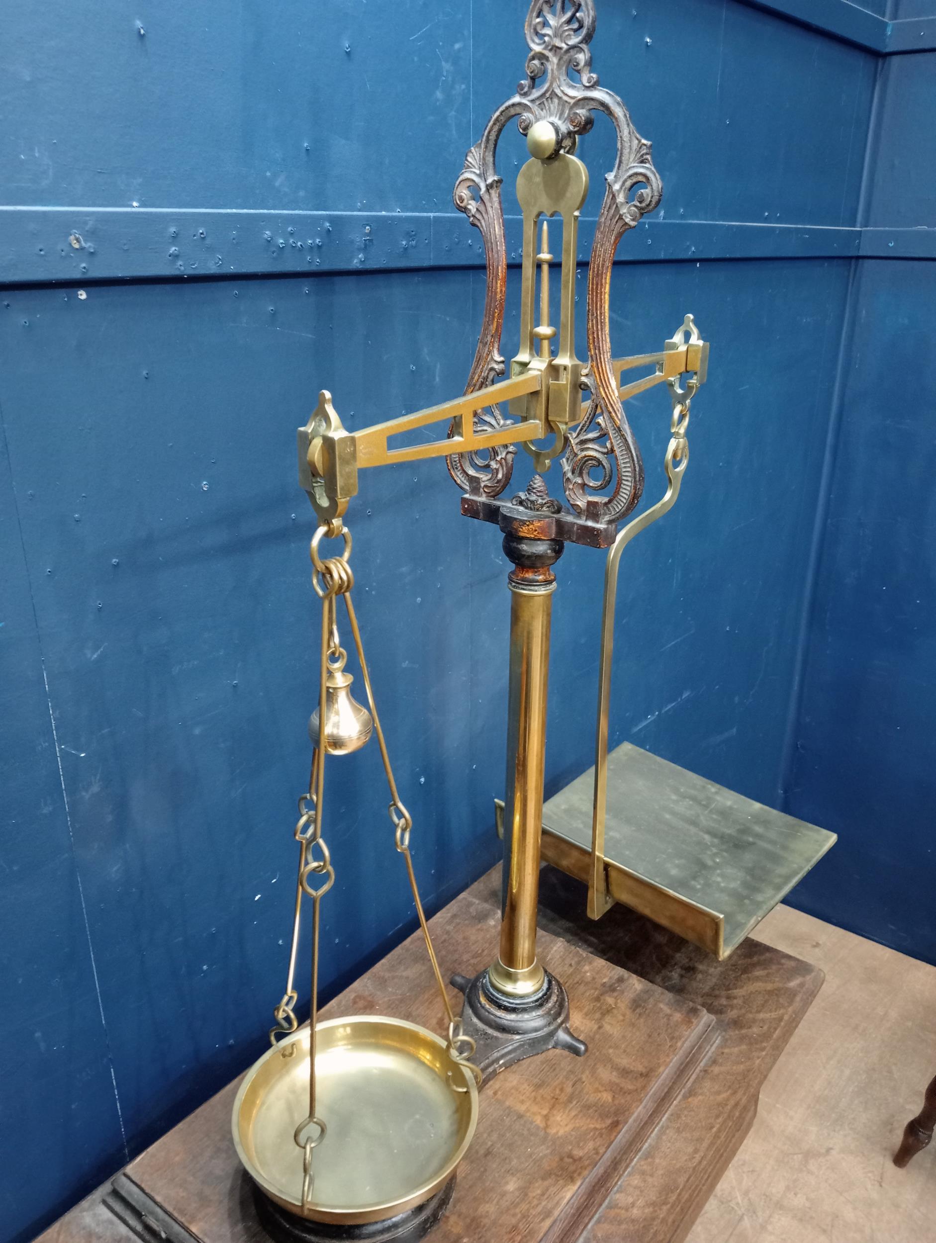 19th C. cast brass weighing scales {H 200cm x W 80cm x D 35cm }. - Image 2 of 3