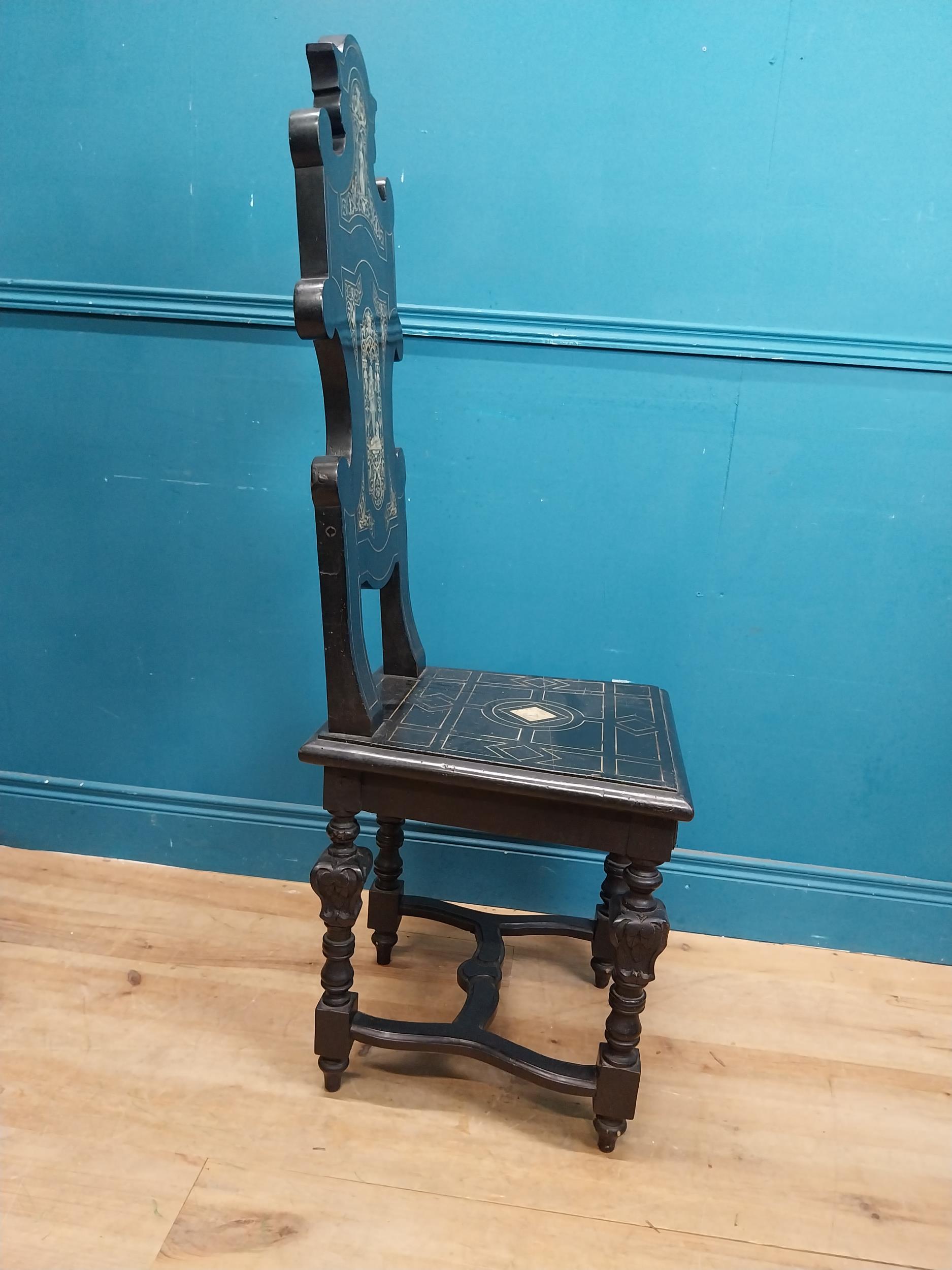 Pair of Aesthetic Movement ebonised hall chairs with inlaid bone decoration of Grecian imagery. {126 - Image 15 of 16
