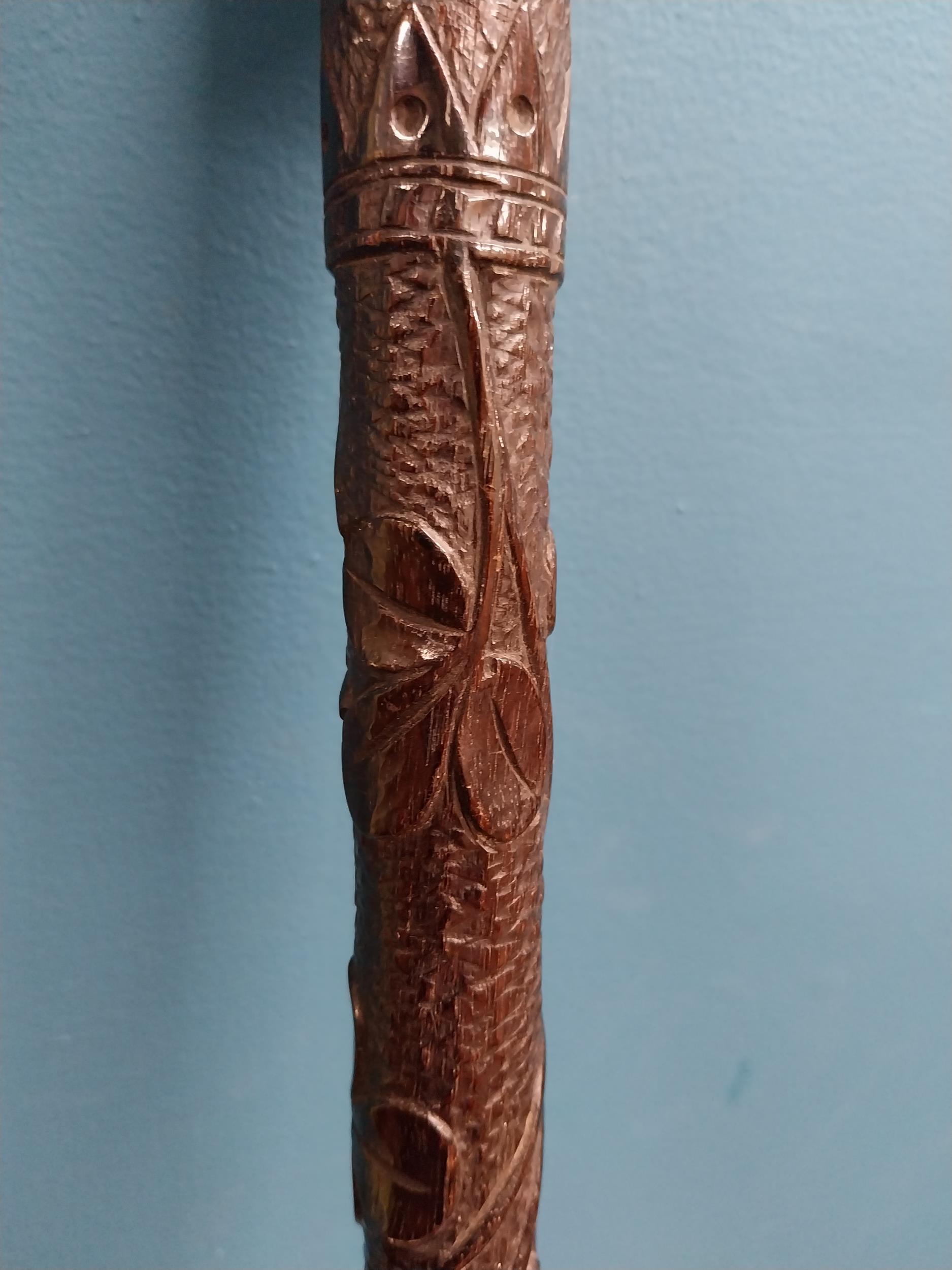 19th C. bog oak walking stick decorated with shamrocks. {94 cm H x 12 cm W} - Image 5 of 5