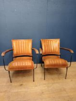 Pair of metal ribbed tanned leather baker chairs {H 88cm x W 65cm x D 75cm }.