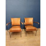 Pair of metal ribbed tanned leather baker chairs {H 88cm x W 65cm x D 75cm }.