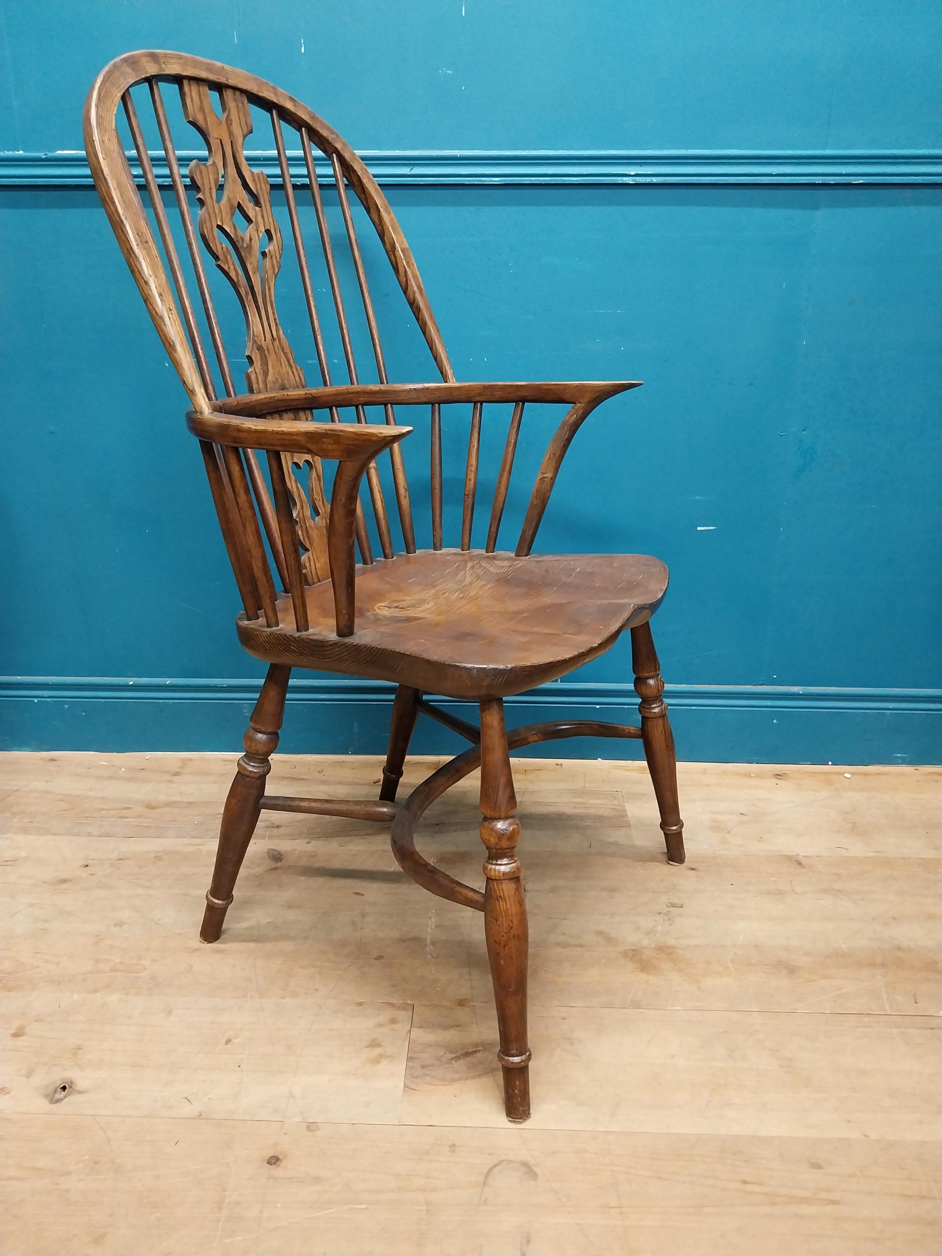 Set of six early 20th C. ash and elm Windsor armchairs raised on carved legs {106 cm H x 58 cm W x - Image 6 of 10