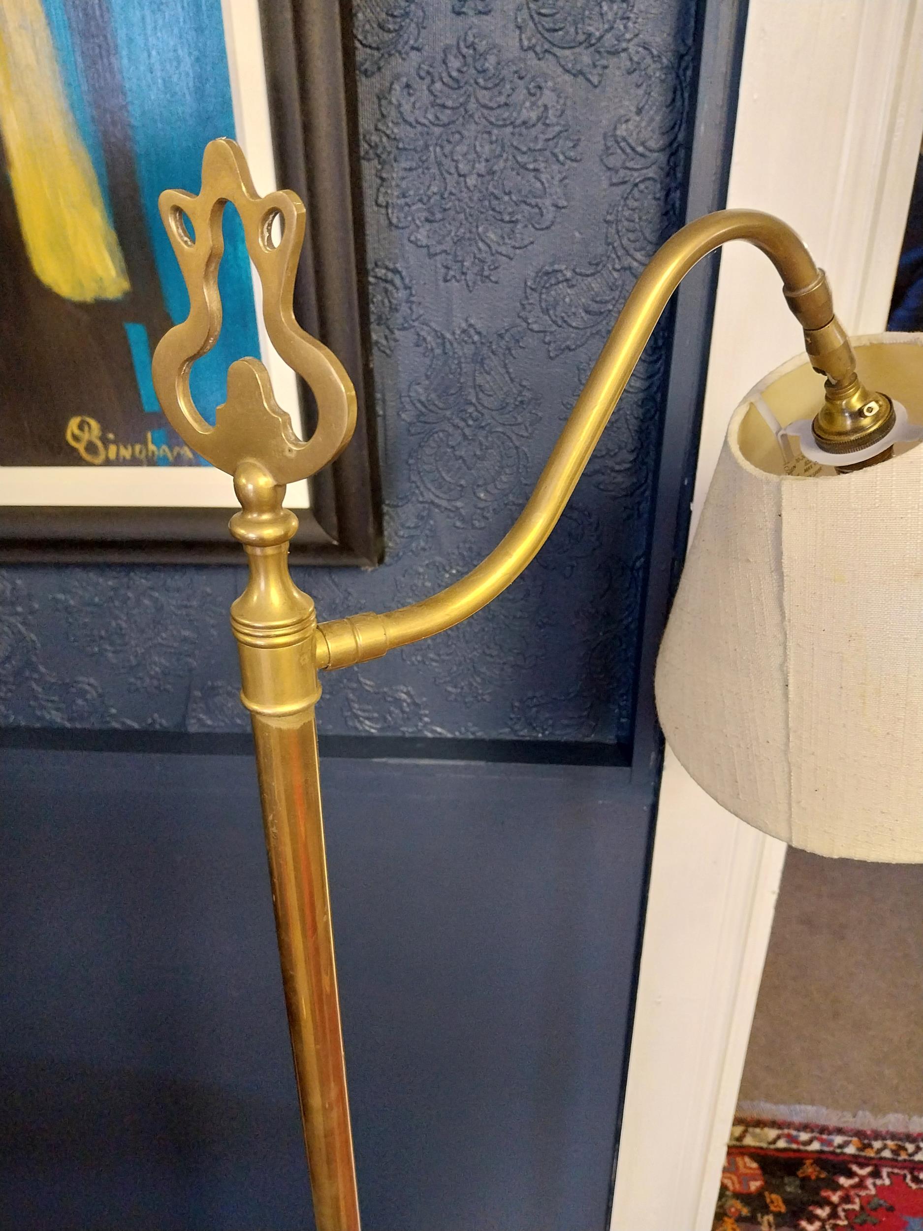 Edwardian brass floor lamp with cloth shade {150 cm H x 42 cm W x 26 cm D}. - Image 2 of 3