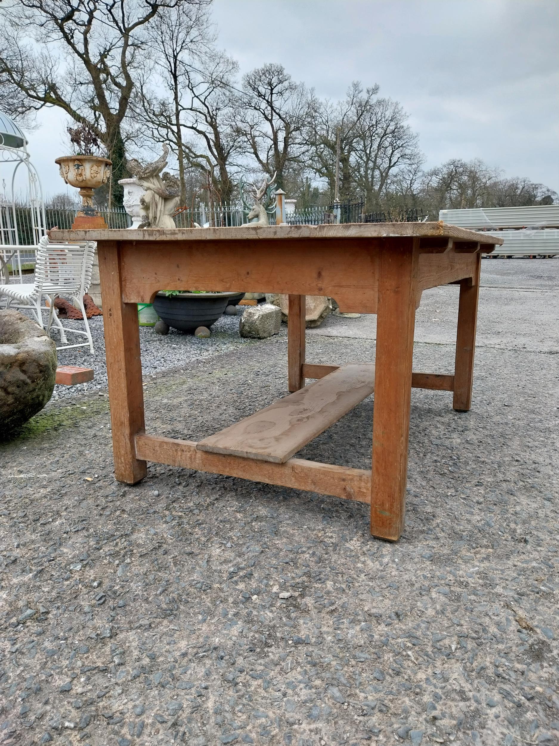 Early 20th C. pine kitchen table on square legs and single stretcher. {74 cm H x 153 cm W x 101 cm - Image 3 of 6