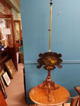 19th C. mahogany and brass pole screen with painted lacquered shield {144 cm H x 42 cm W}.