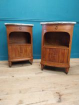 Pair of Edwardian burr walnut bedside lockers with single drawer in frieze with marble tops.