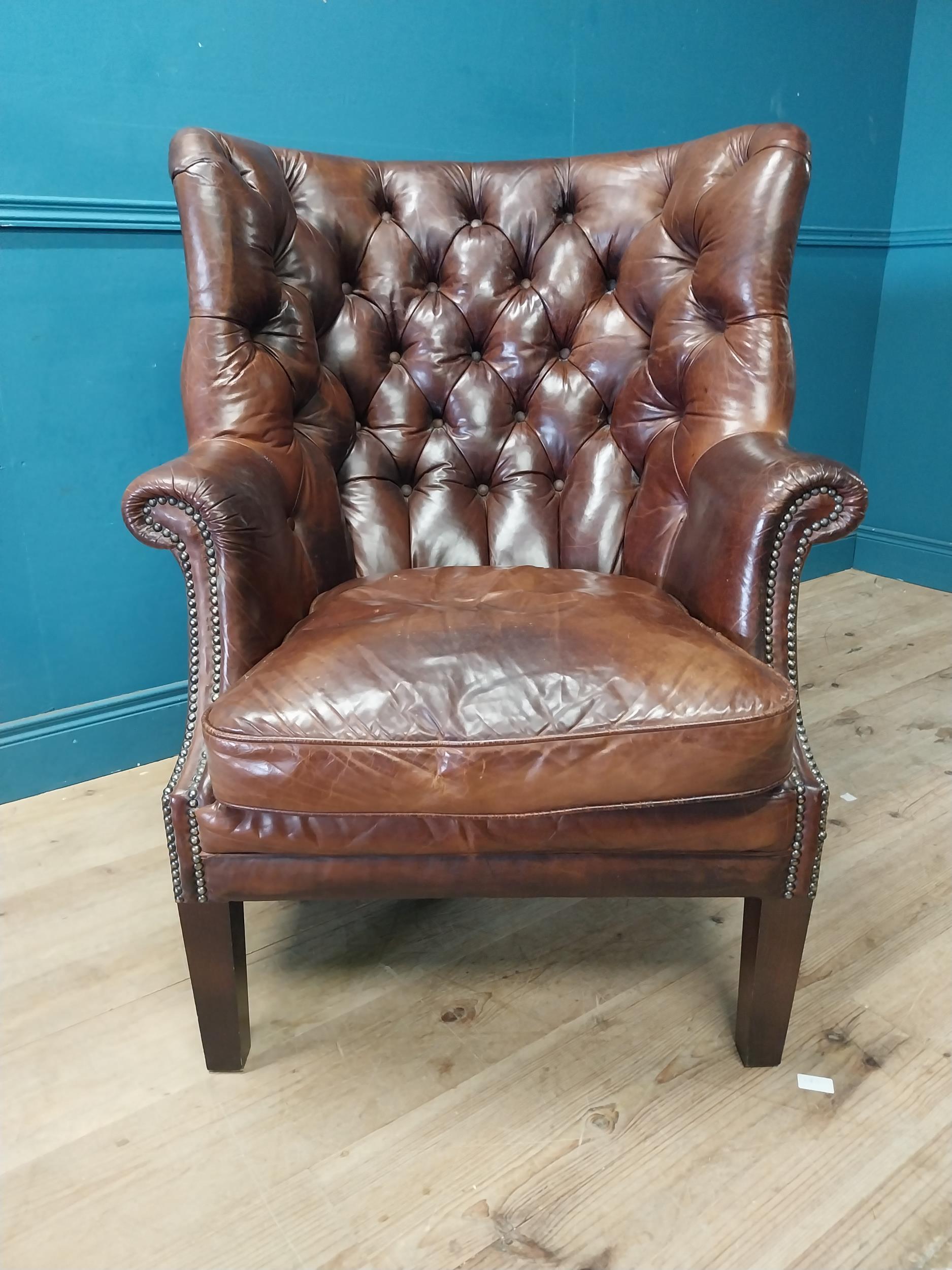 Good quality hand dyed deep buttoned wingback armchair raised on square legs. {108 cm H x 84 cm W - Image 4 of 5