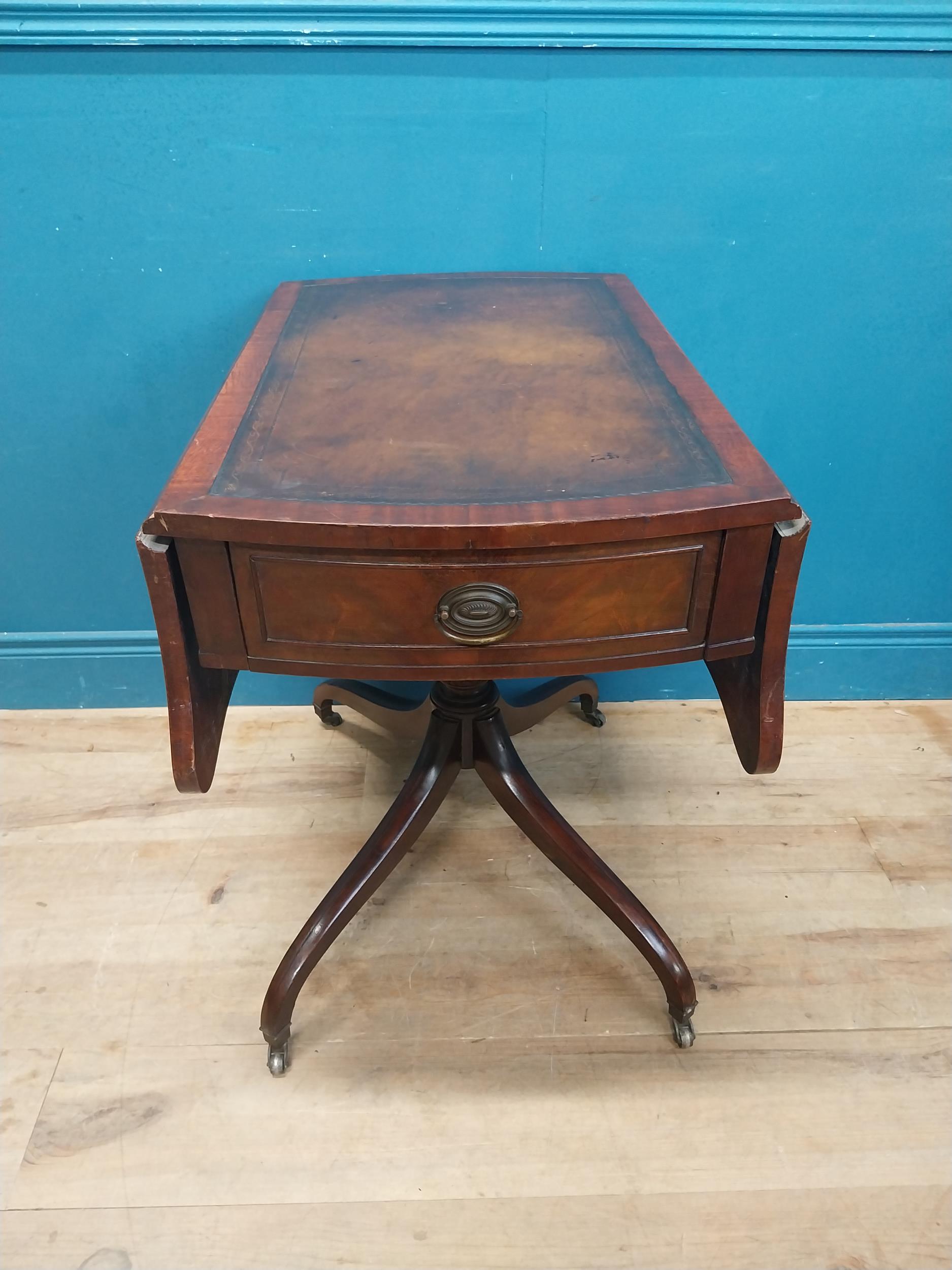 Walnut drop leaf centre table with leather top raised on carved column, four outswept feet and - Image 4 of 7