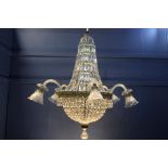 Brass and crystal five branch chandelier {H 100 c Dia 95}.