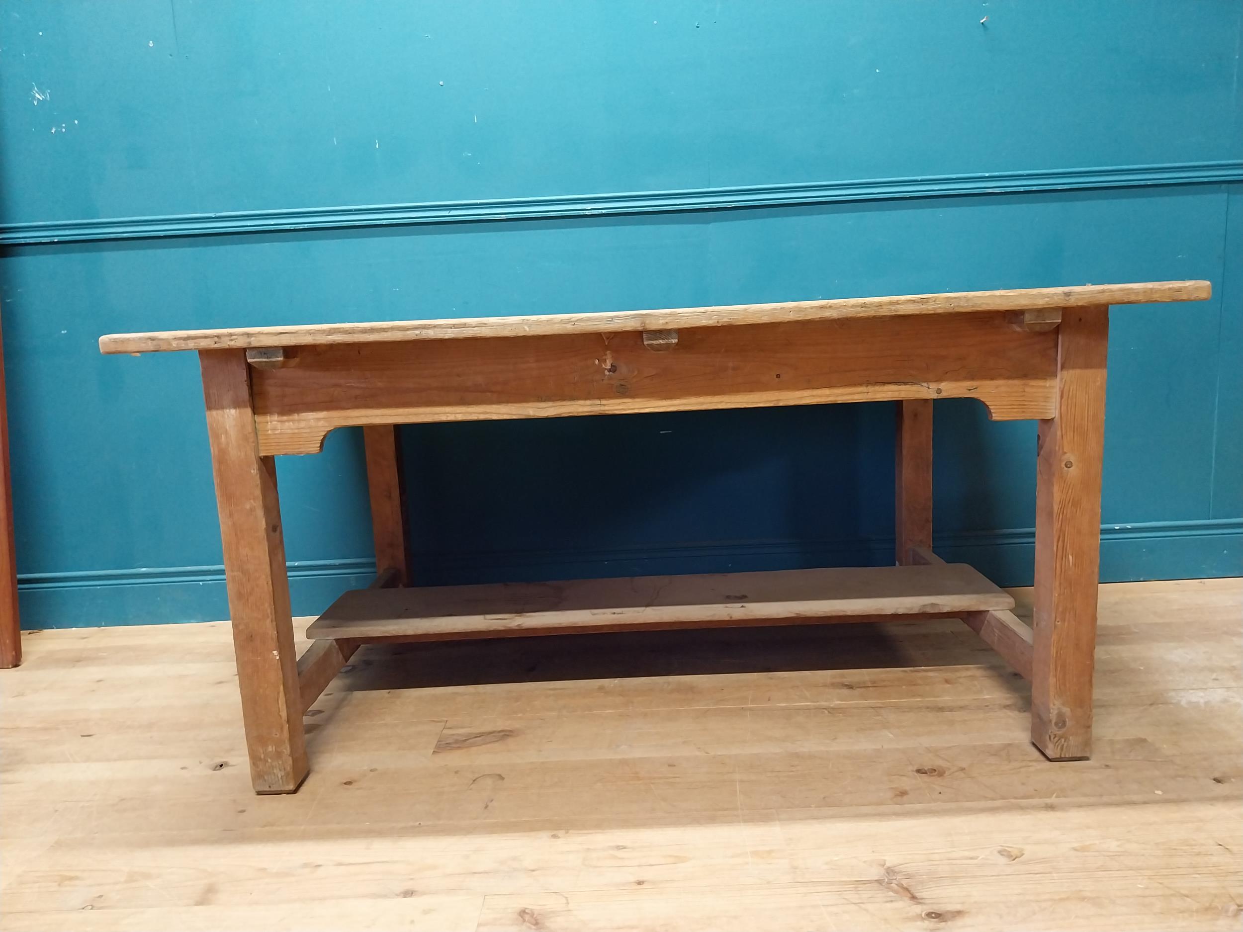 Early 20th C. pine kitchen table on square legs and single stretcher. {74 cm H x 153 cm W x 101 cm - Image 3 of 8