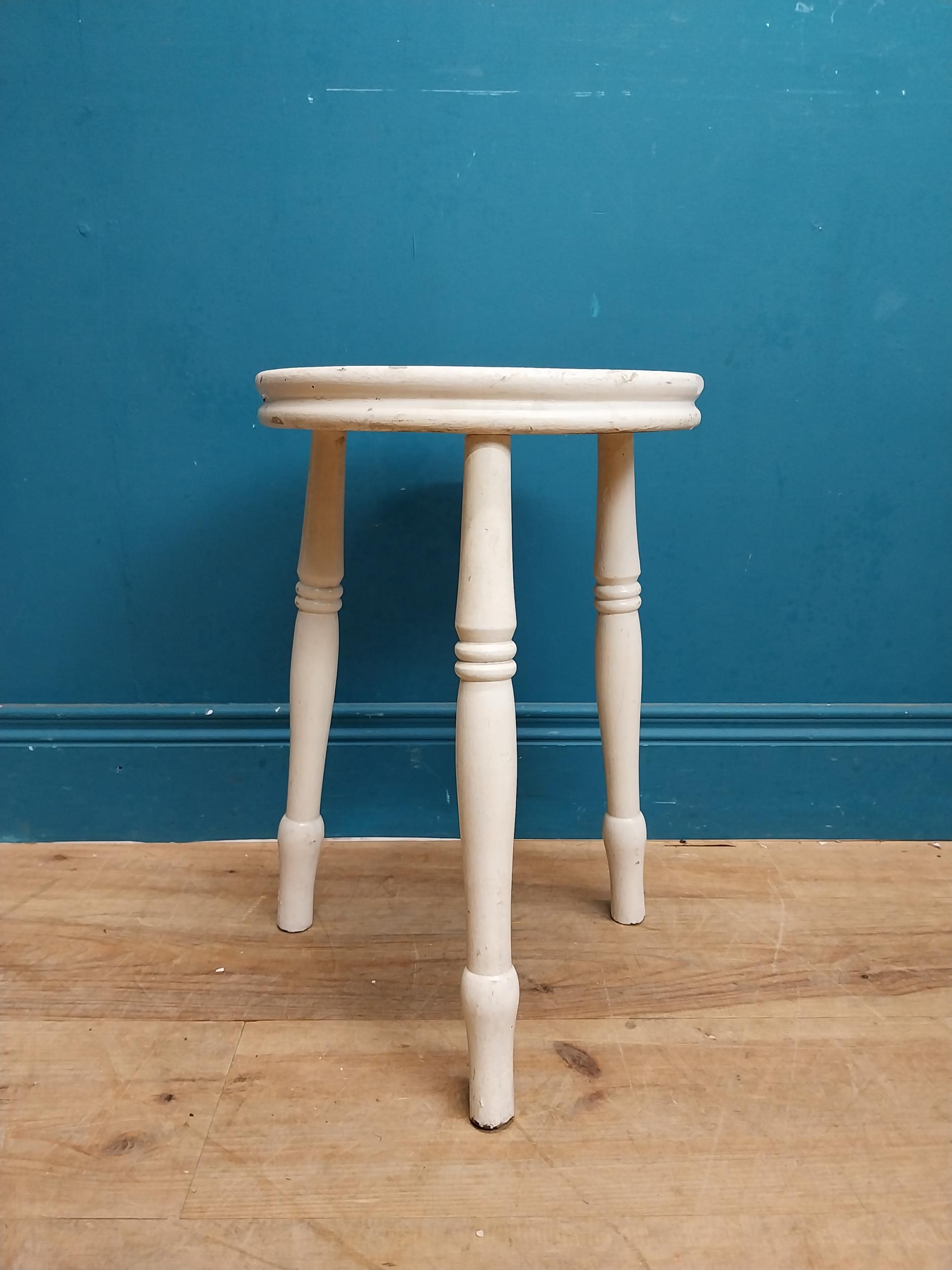 1940's painted pine stool on three turned legs. {46 cm H x 33 cm Dia.}.