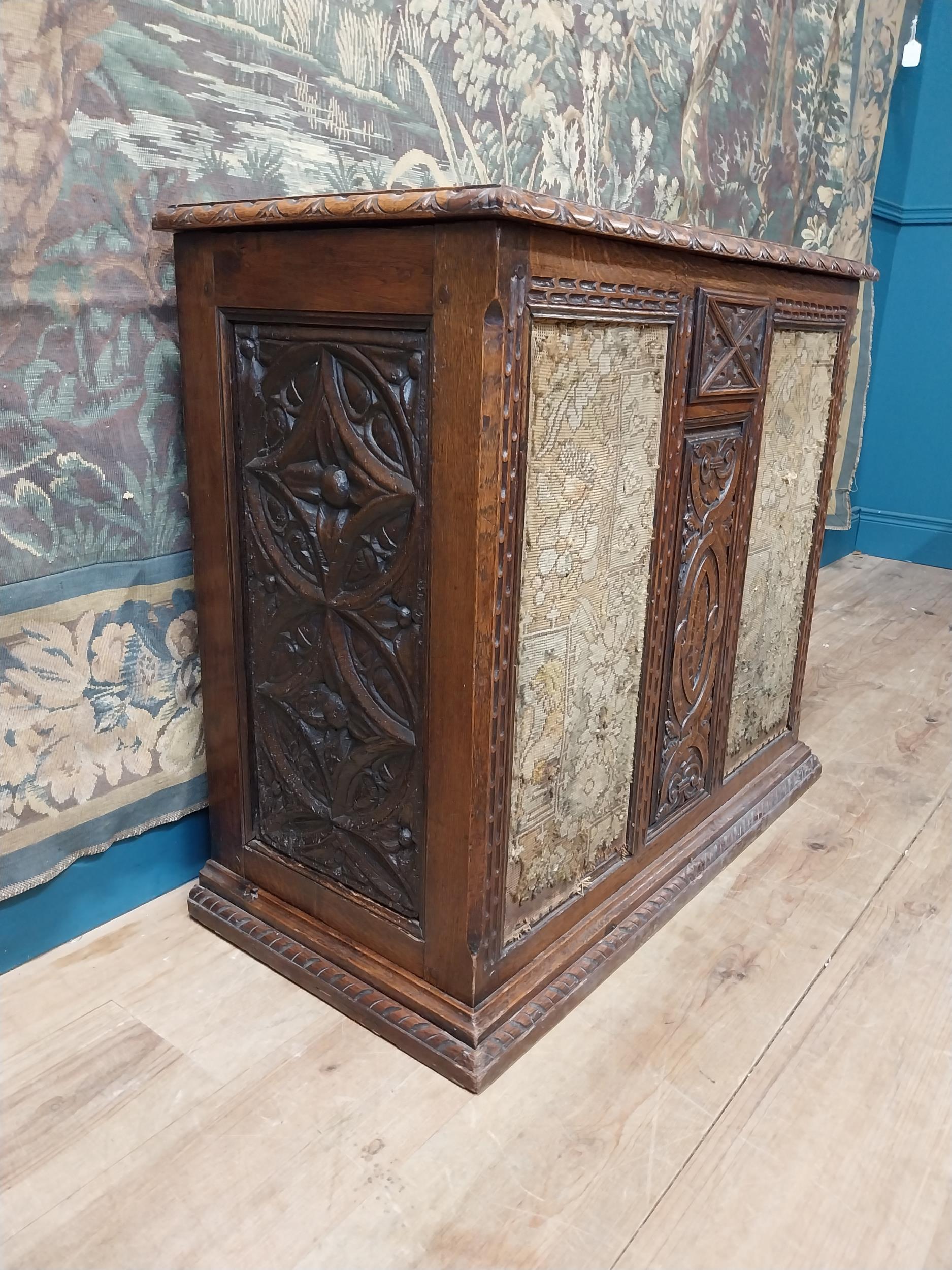 19th C. carved oak blanket box with tapestry panels {75 cm H x 85 cm W x 44 cm D}. - Image 4 of 8