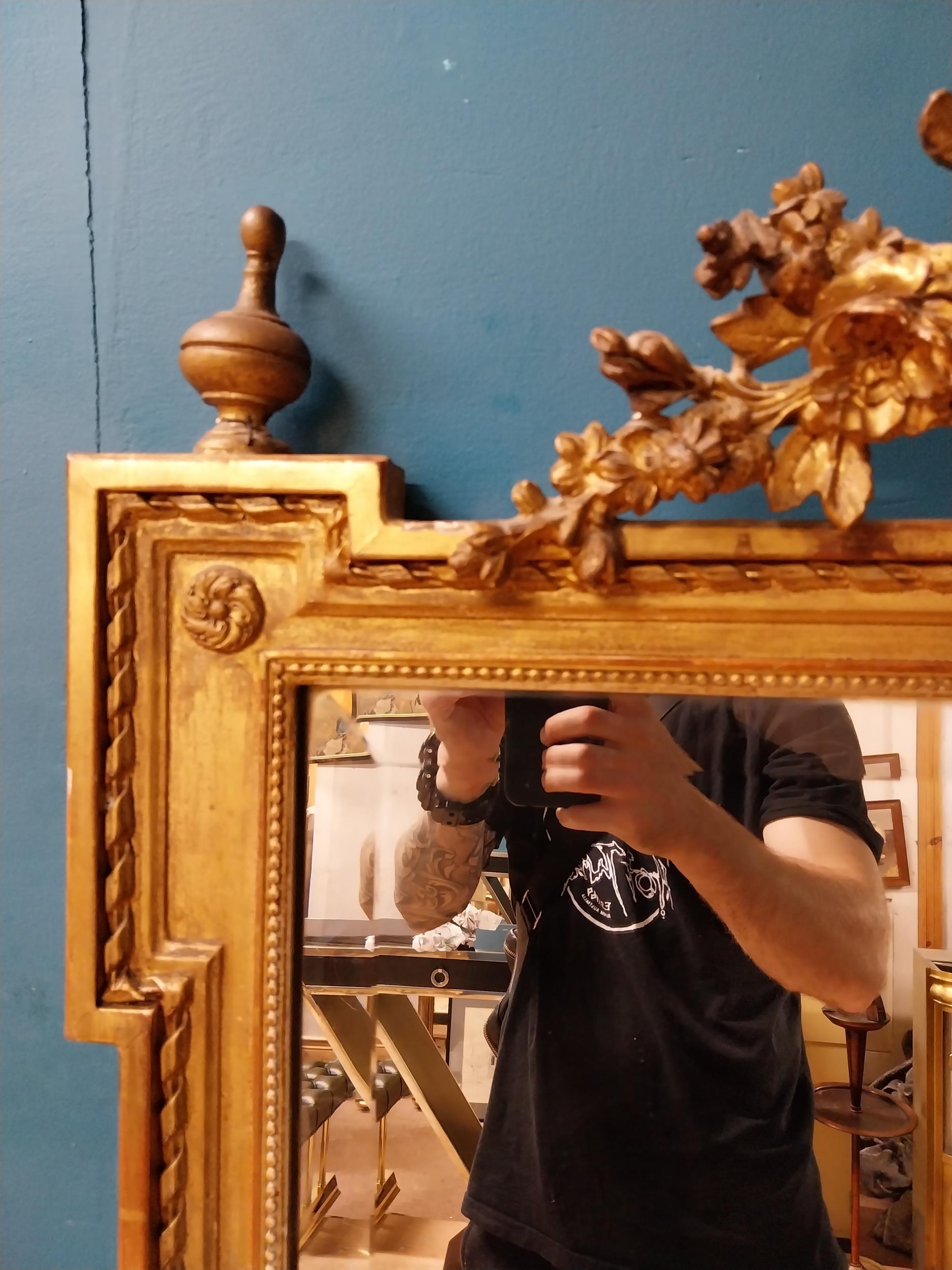 19th C. French gilt mirror with floral decoration surmounted with female mask and bows. {168 cm H - Image 5 of 10