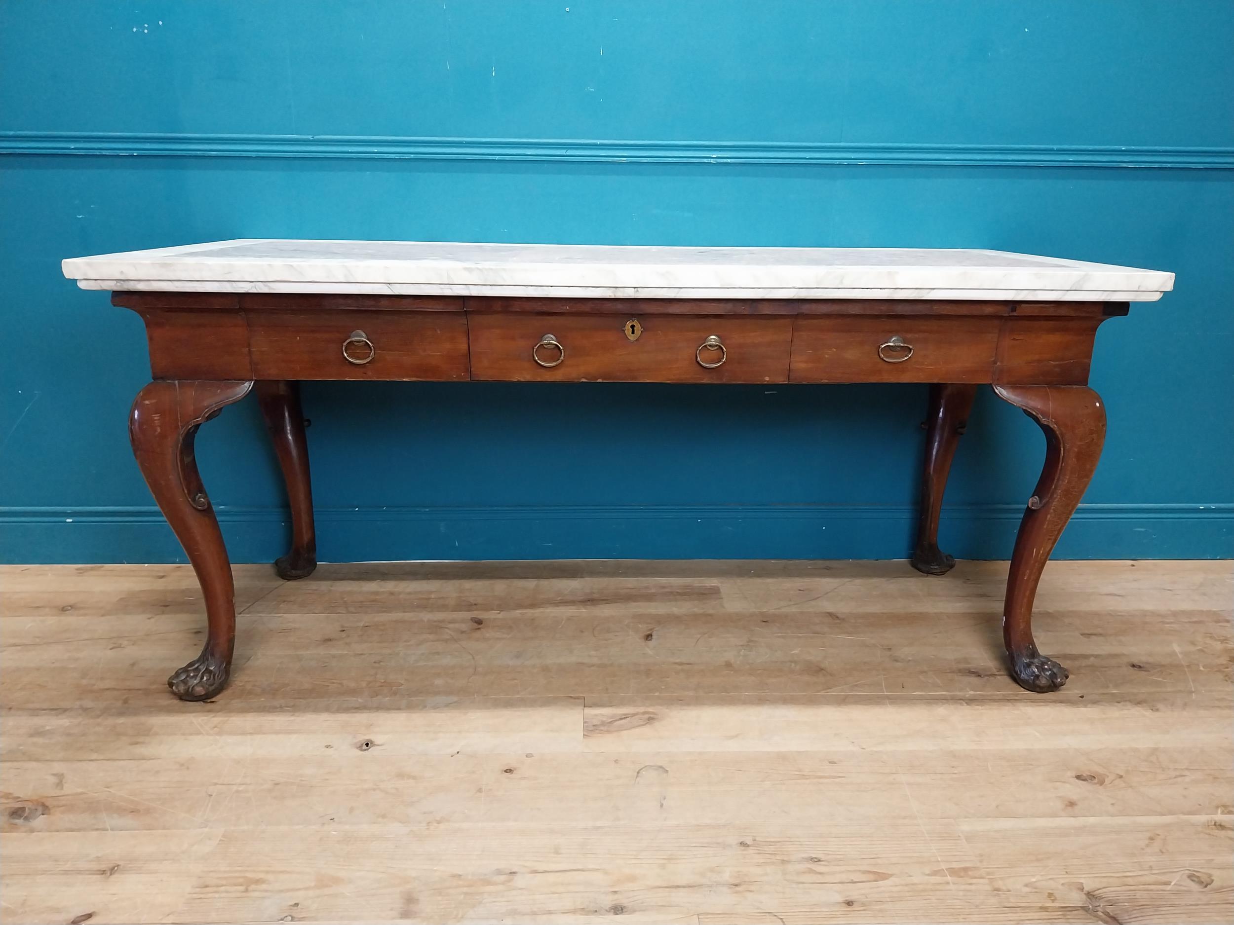 19th C. Irish mahogany side table raised on claw feet with three drawers in frieze with marble - Image 2 of 7