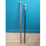 Two walking sticks with silver plate ferrules. {90 cm H}.