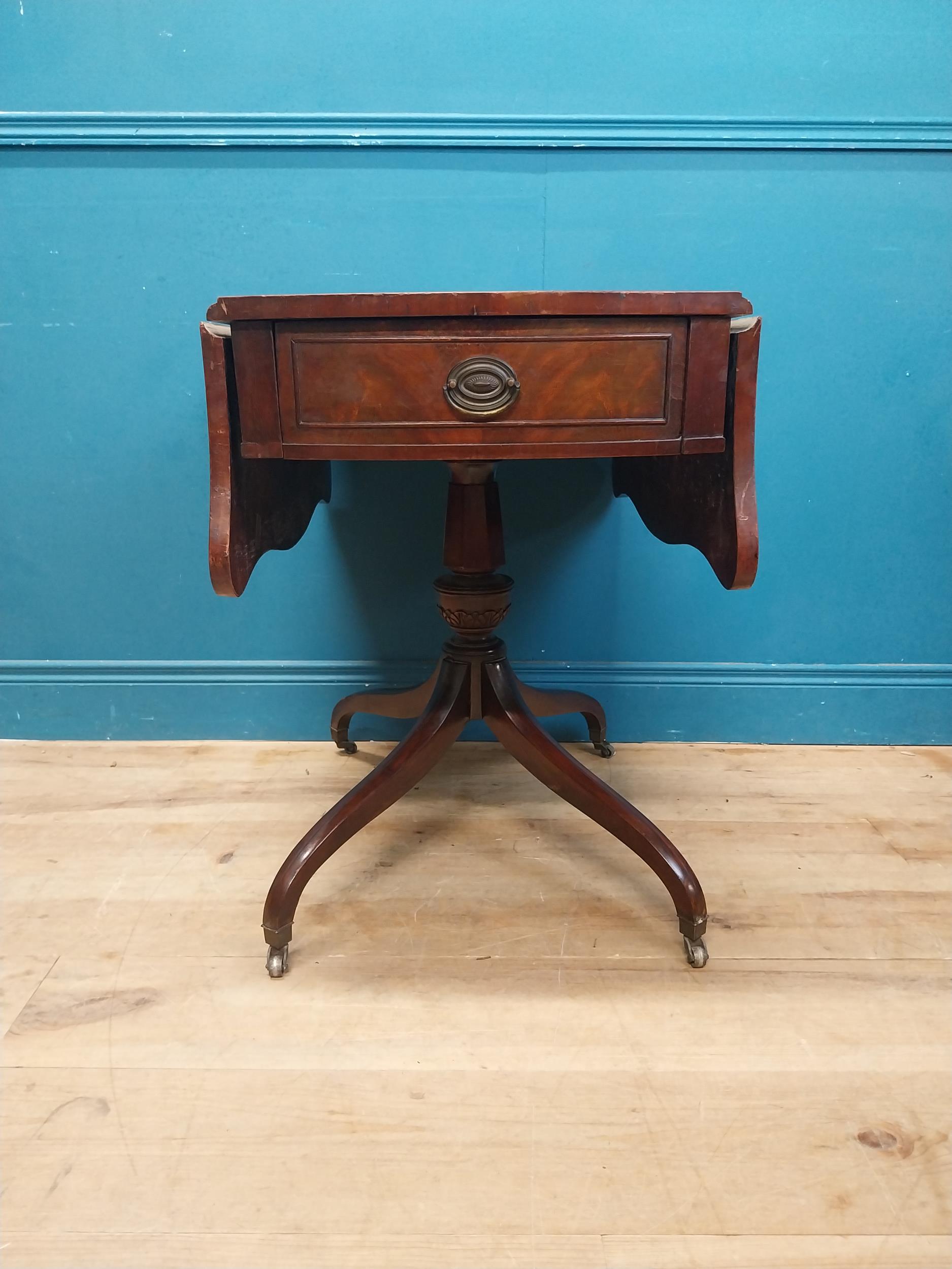 Walnut drop leaf centre table with leather top raised on carved column, four outswept feet and - Image 3 of 7