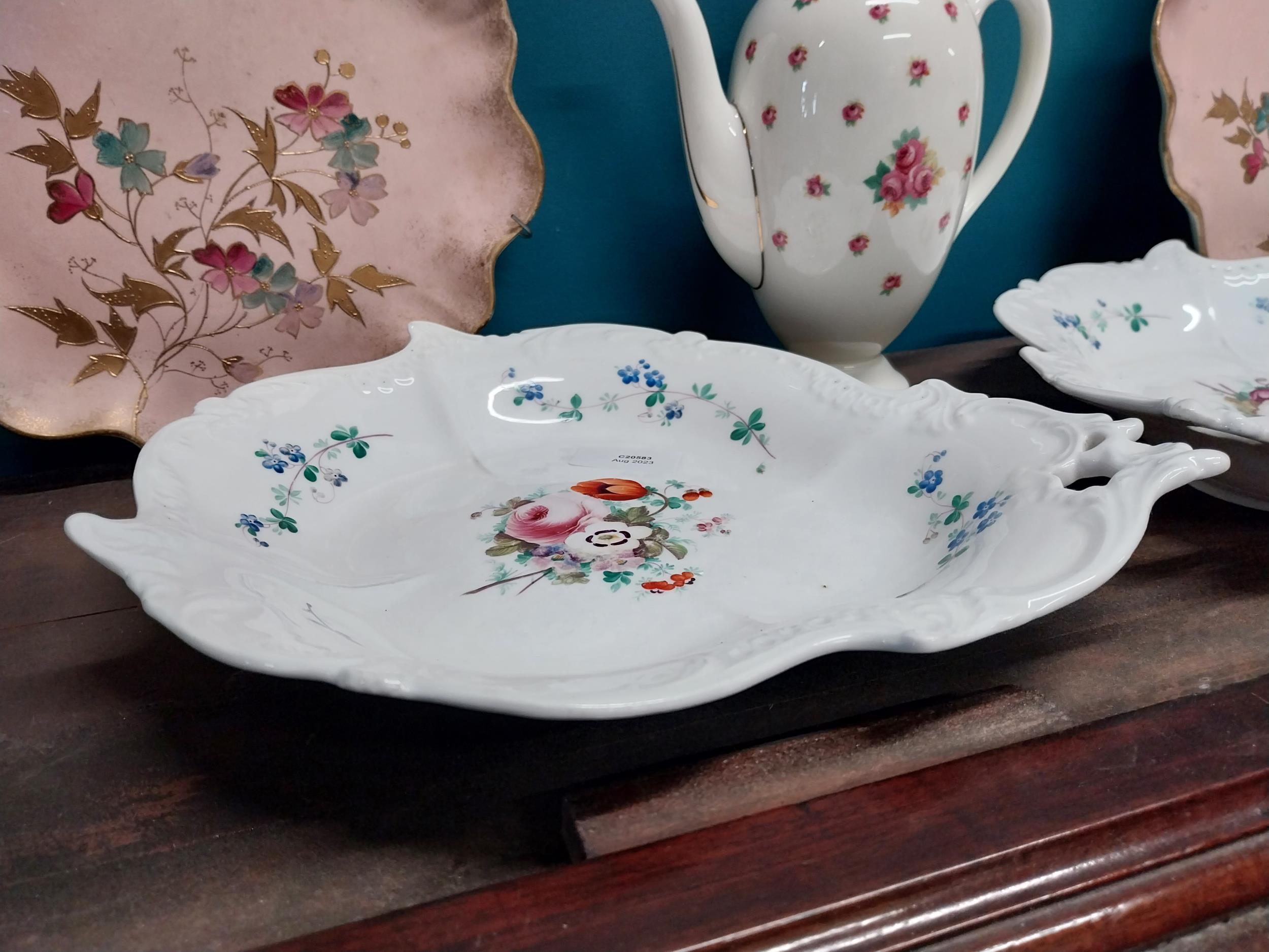 Four early 20th C. hand painted ceramic plates and teapot. - Image 2 of 4