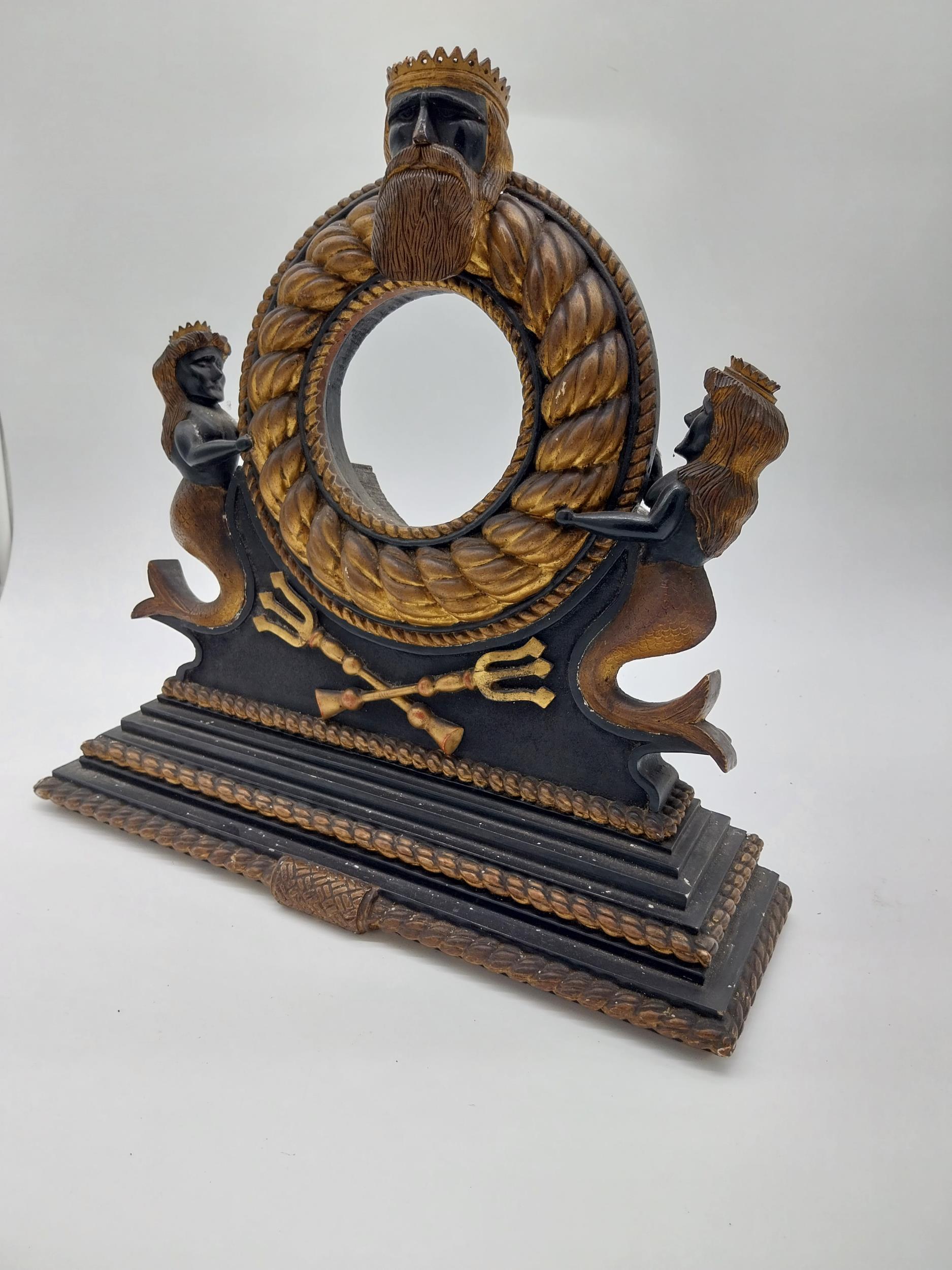 19th C. carved wooden barometer stand surmounted by Neptune and mermaids. {40 cm H x 40 cm W x 13 cm - Image 2 of 6