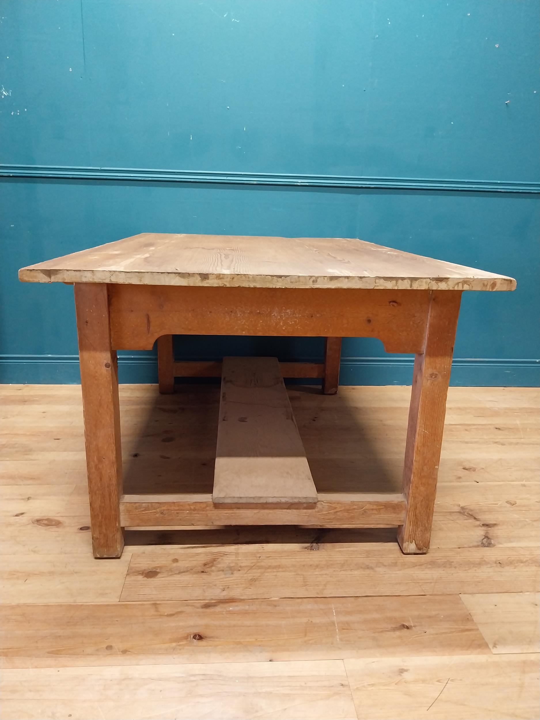 Early 20th C. pine kitchen table on square legs and single stretcher. {74 cm H x 153 cm W x 101 cm - Image 8 of 8