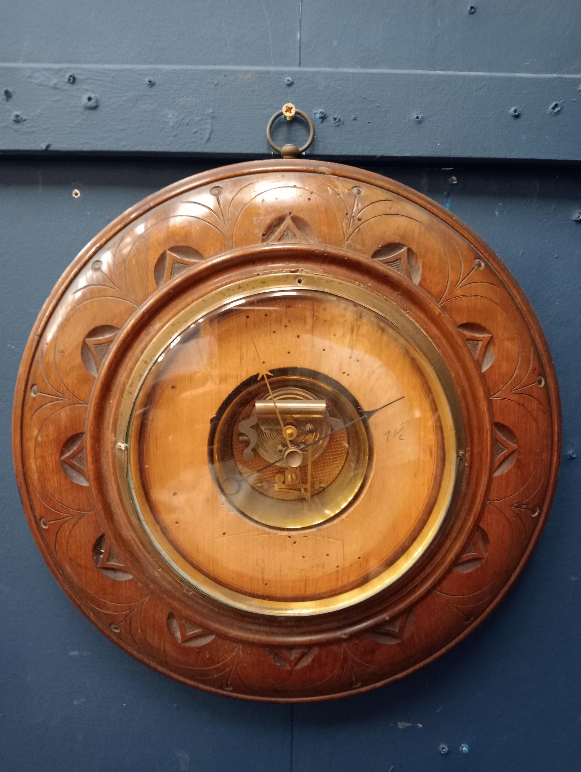 Mahogany barometer {Dia 34cm x D 5cm }.