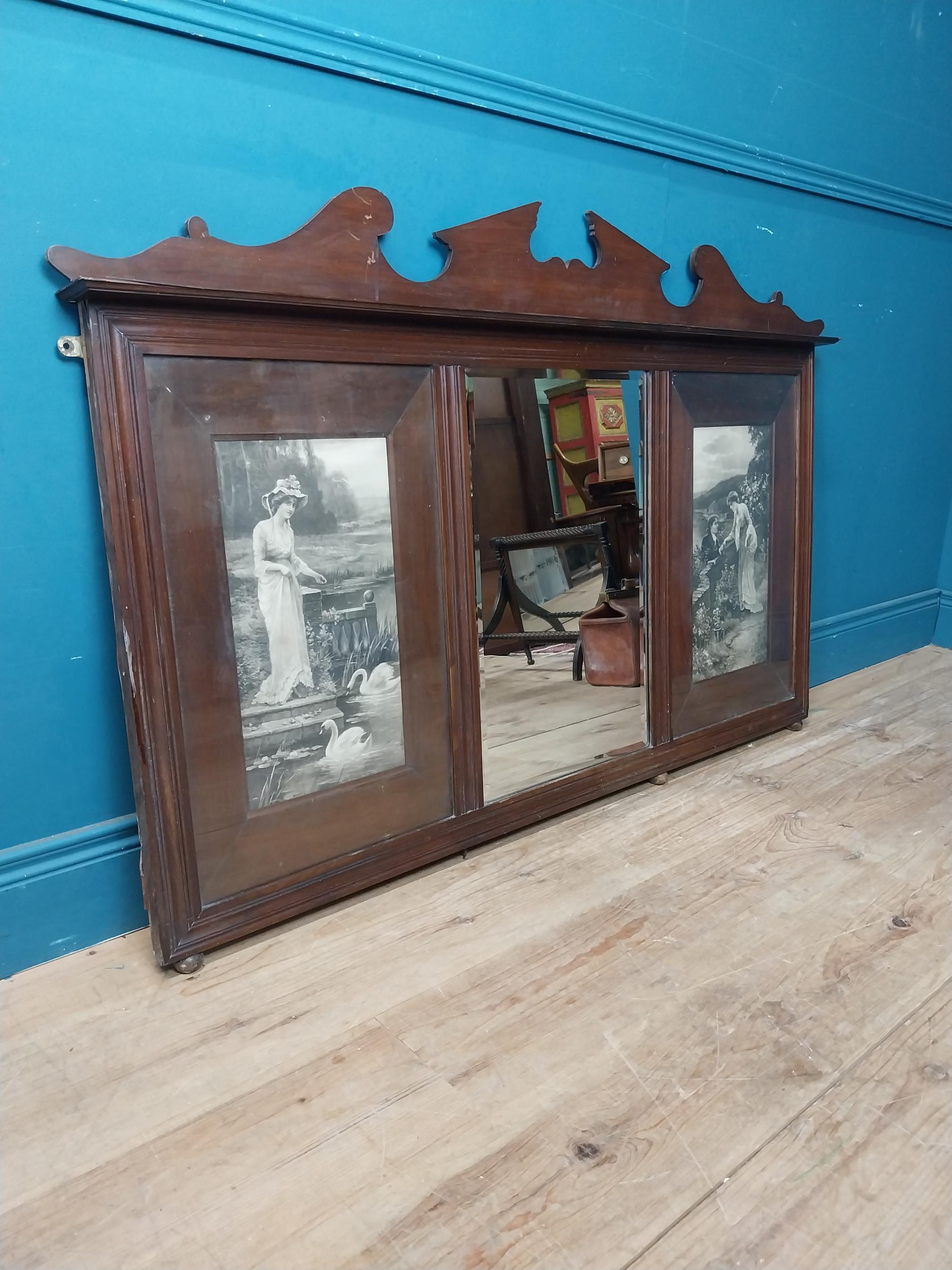 Edwardian mahogany overmantle mirror surmounted by black and white scenes of Lady and Swans and - Image 3 of 6