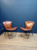 Pair of metal and ribbed leather tub chairs {L 72cm x W 59cm x D 40cm }.