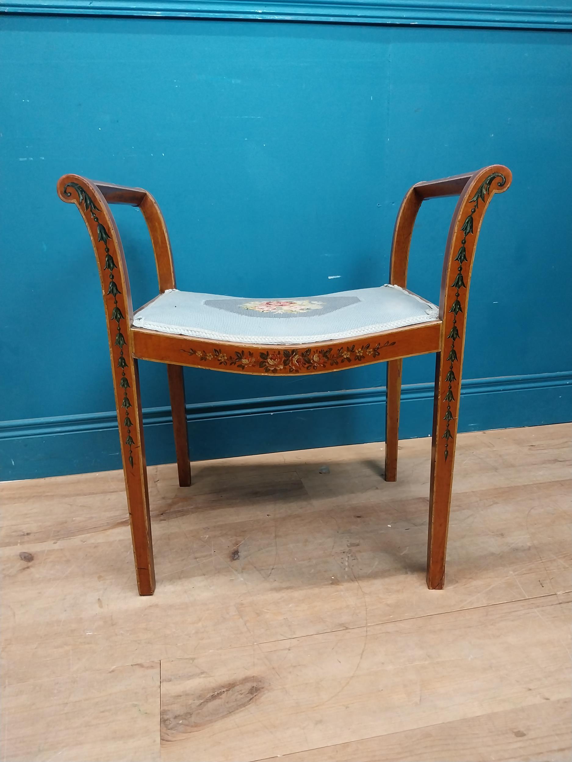 Edwardian satinwood stool with upholstered tapestry seat. {64 cm H x 60 cm W x 40 cm D}.