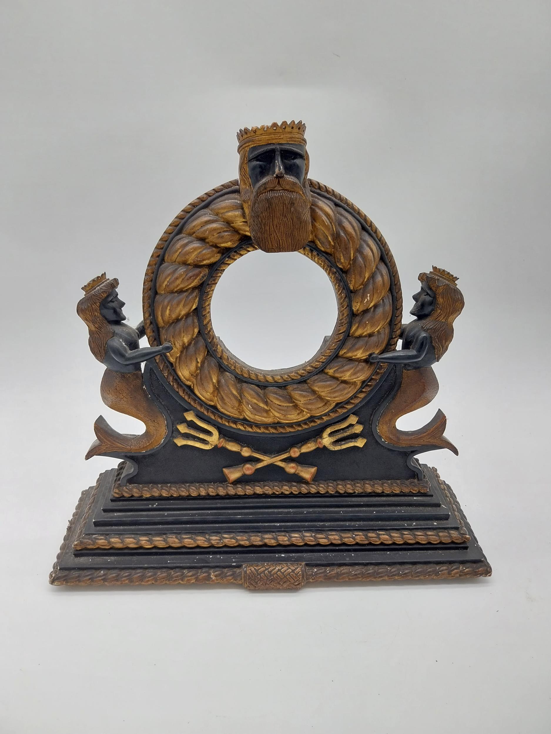 19th C. carved wooden barometer stand surmounted by Neptune and mermaids. {40 cm H x 40 cm W x 13 cm