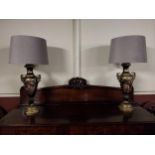 Pair of exceptional quality French gilded and ceramic table lamps with cloth shades {76 cm H x 38 cm