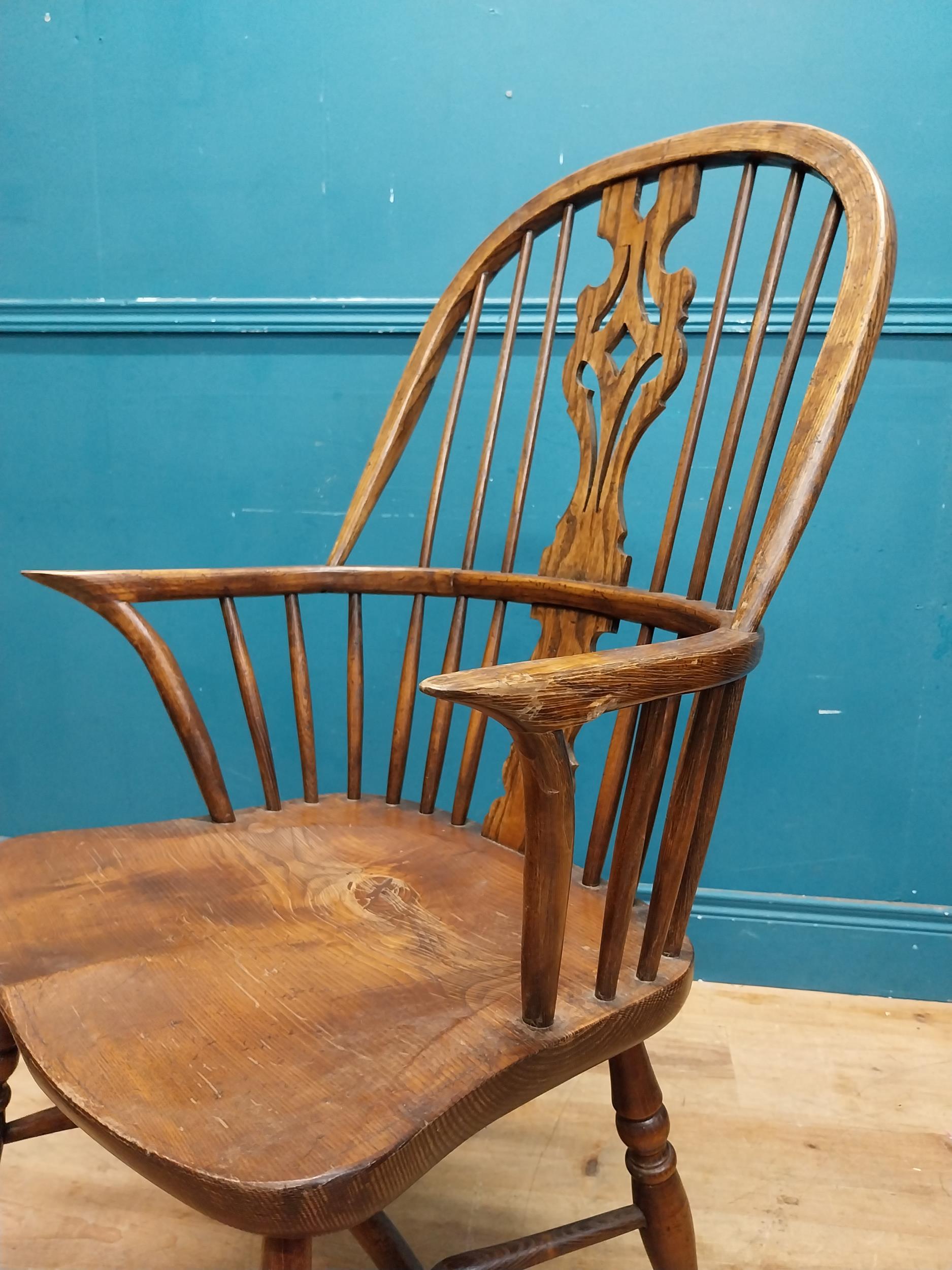 Set of six early 20th C. ash and elm Windsor armchairs raised on carved legs {106 cm H x 58 cm W x - Image 9 of 10