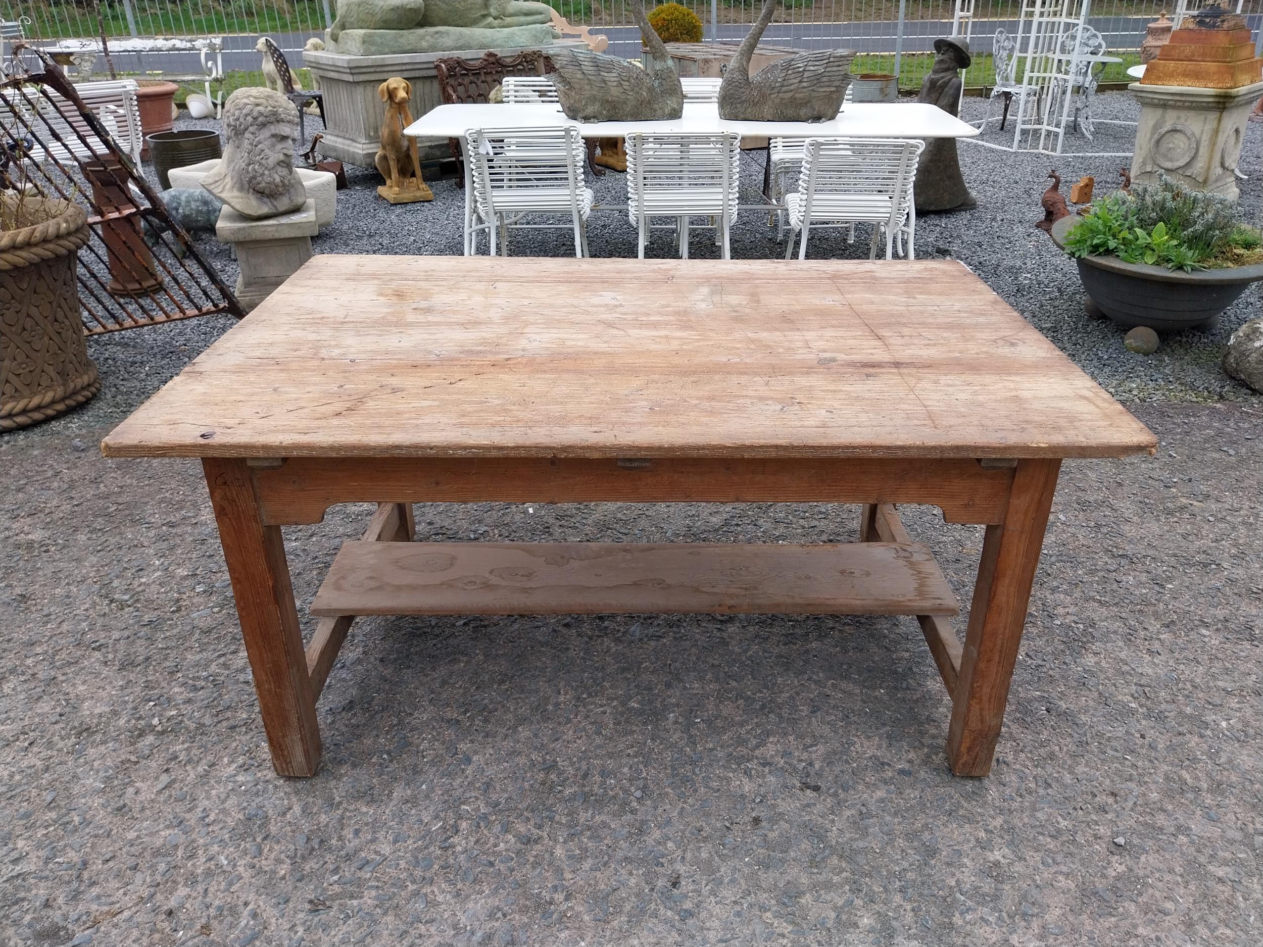 Early 20th C. pine kitchen table on square legs and single stretcher. {74 cm H x 153 cm W x 101 cm - Image 2 of 6