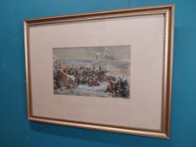 Early 20th C. framed watercolour Retreat of the Russians. {60 cm H x 80 cm W}.