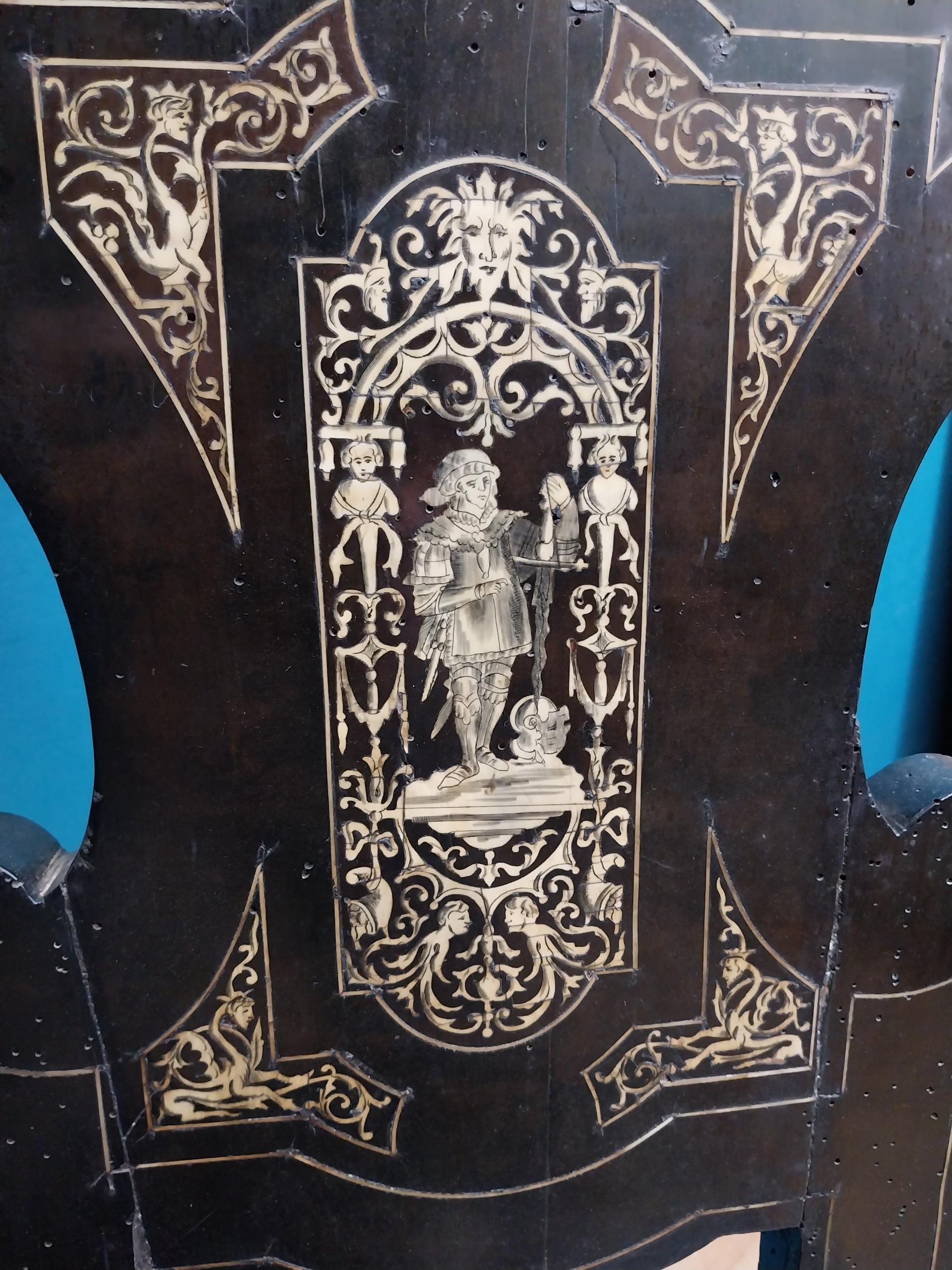 Pair of Aesthetic Movement ebonised hall chairs with inlaid bone decoration of Grecian imagery. {126 - Image 13 of 16
