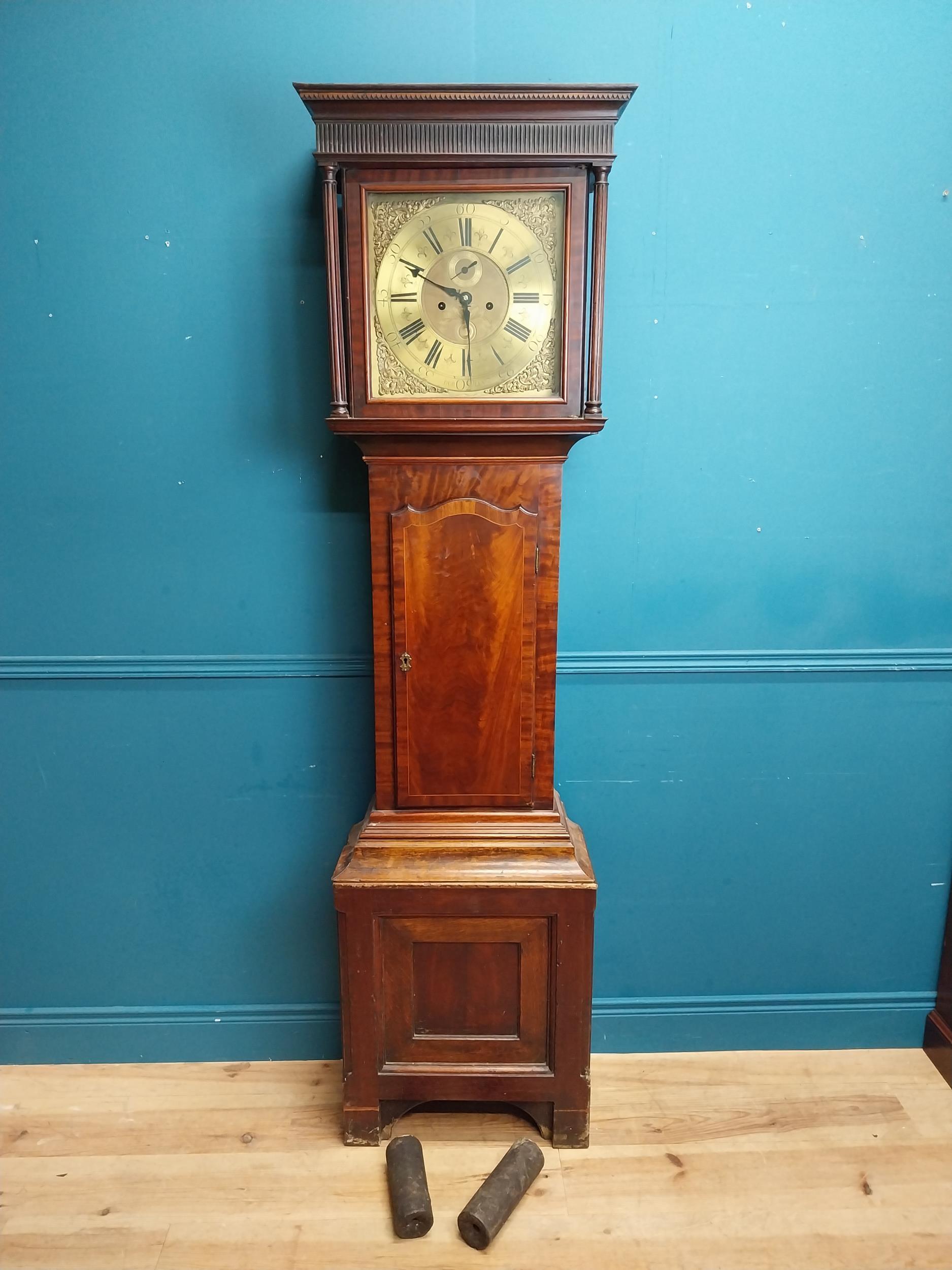 Early 19th C. oak and mahogany inlaid long case Grandfather clock the moulded cornice above a