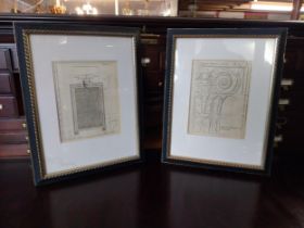 Pair of Architectural prints mounted in wooden frames {46 cm H x 34 cm W}.