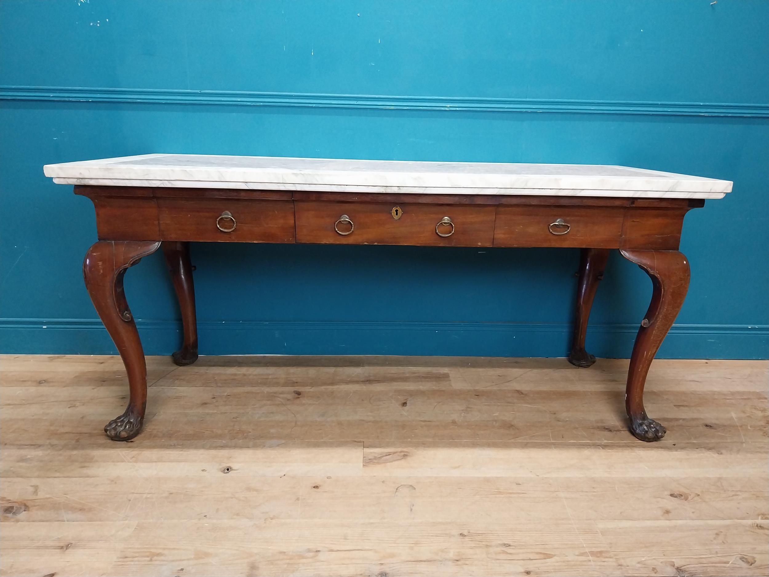 19th C. Irish mahogany side table raised on claw feet with three drawers in frieze with marble - Image 3 of 7