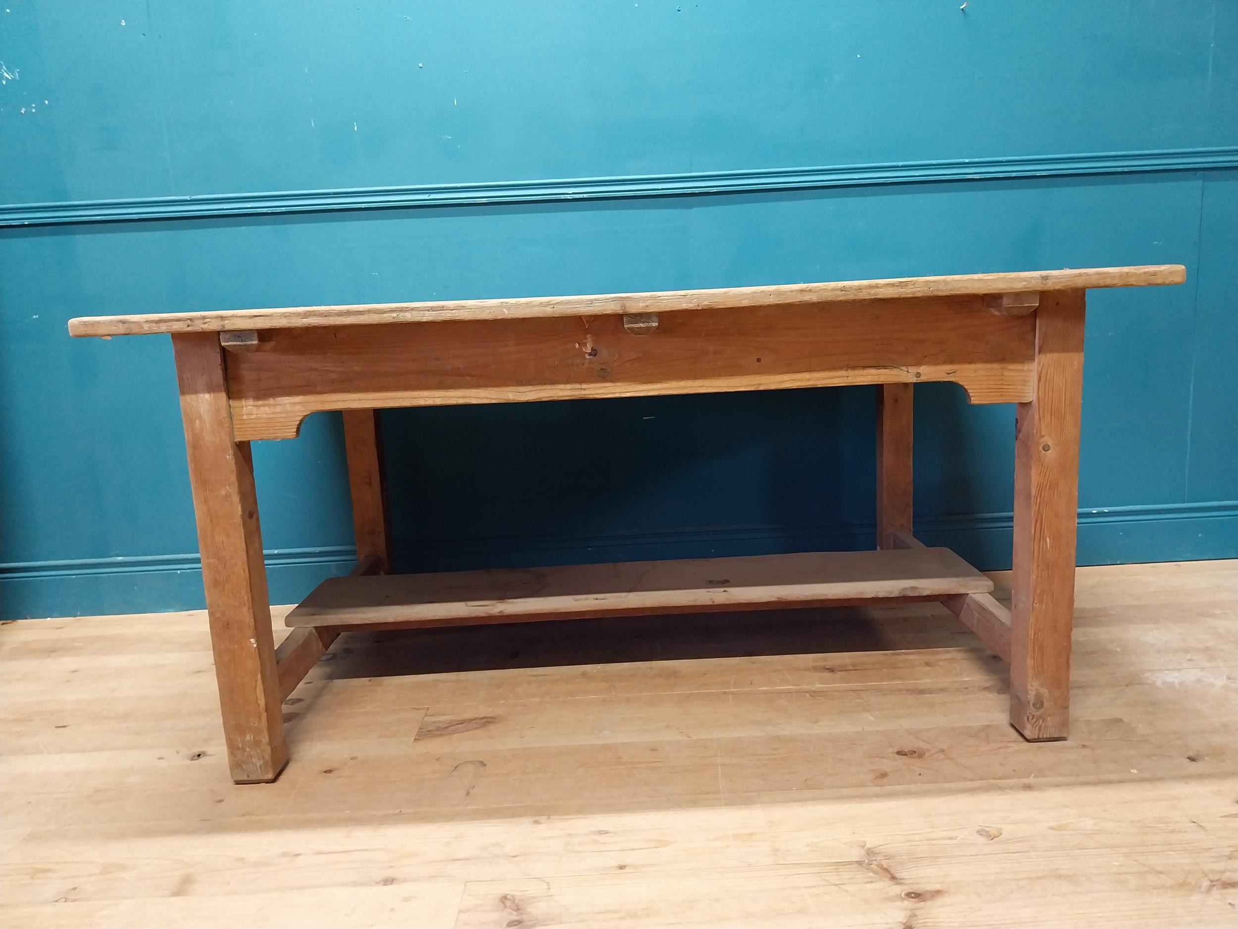 Early 20th C. pine kitchen table on square legs and single stretcher. {74 cm H x 153 cm W x 101 cm - Image 2 of 8