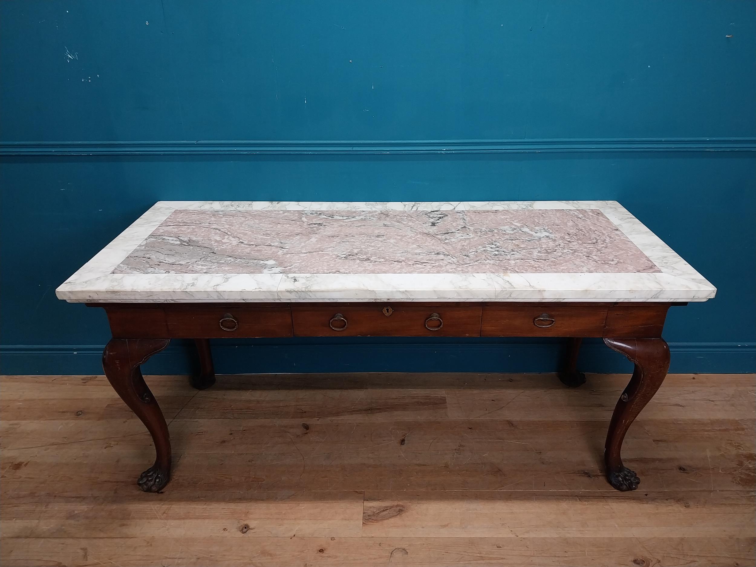 19th C. Irish mahogany side table raised on claw feet with three drawers in frieze with marble - Image 4 of 7