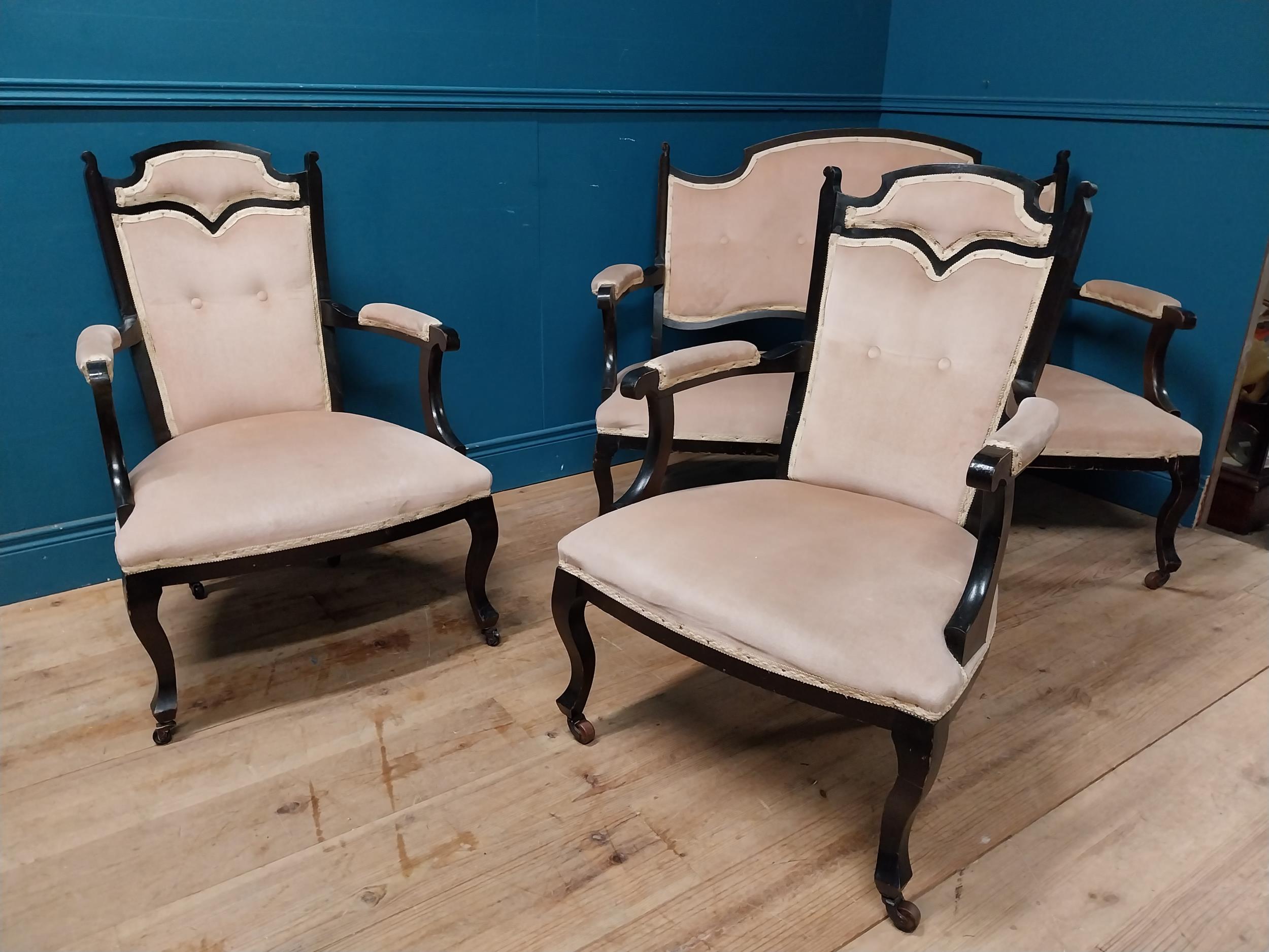 Edwardian ebonised and upholstered parlour suite {Sofa 94 cm H x 134 cm W x 66 cm D and Pair of