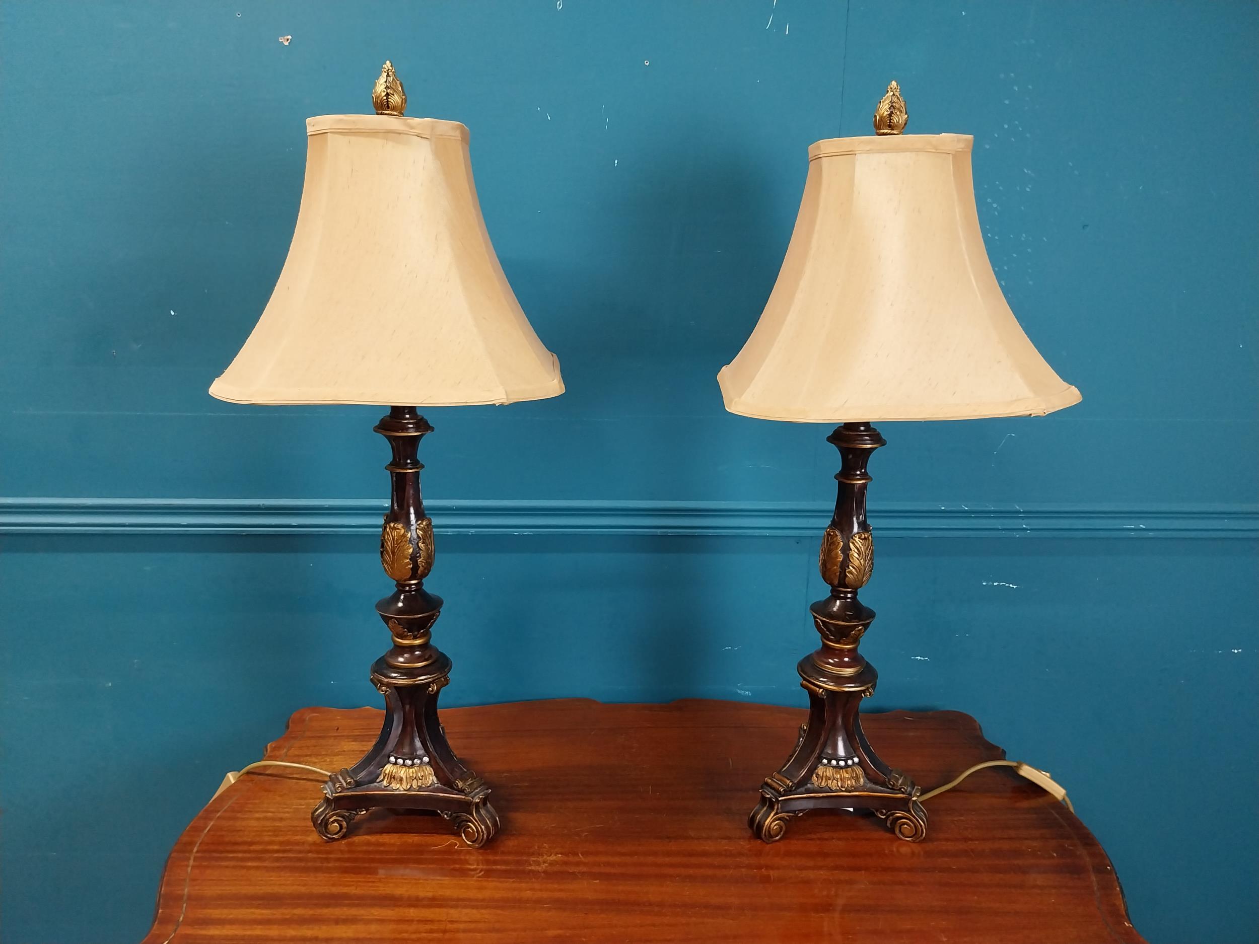 Pair of decorative table lamps with cloth shades. {80 cm H x 31 cm Dia.}.