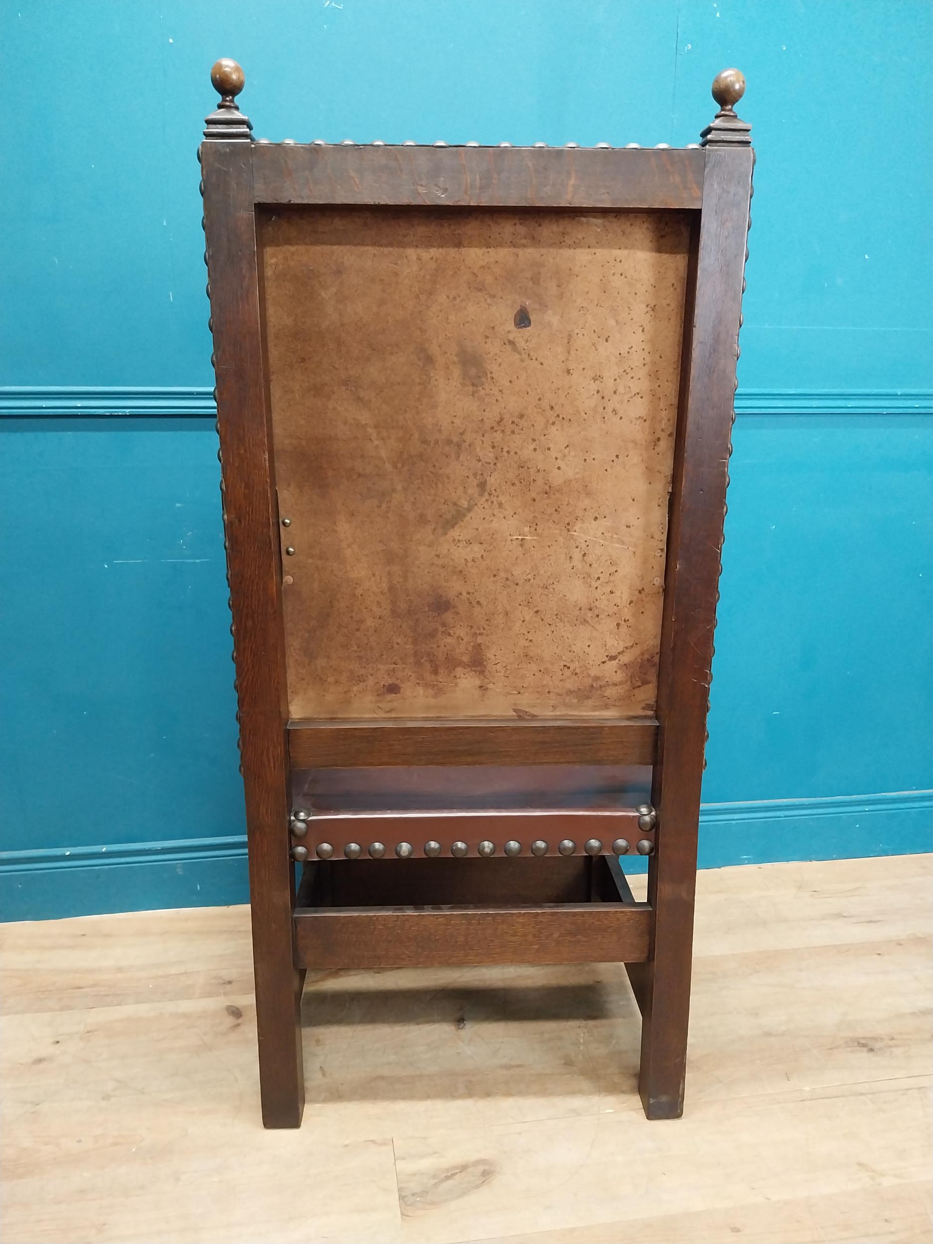 Edwardian carved oak and leather upholstered throne chair. {165 cm H x 63 cm W x 55 cm D}. - Image 7 of 9