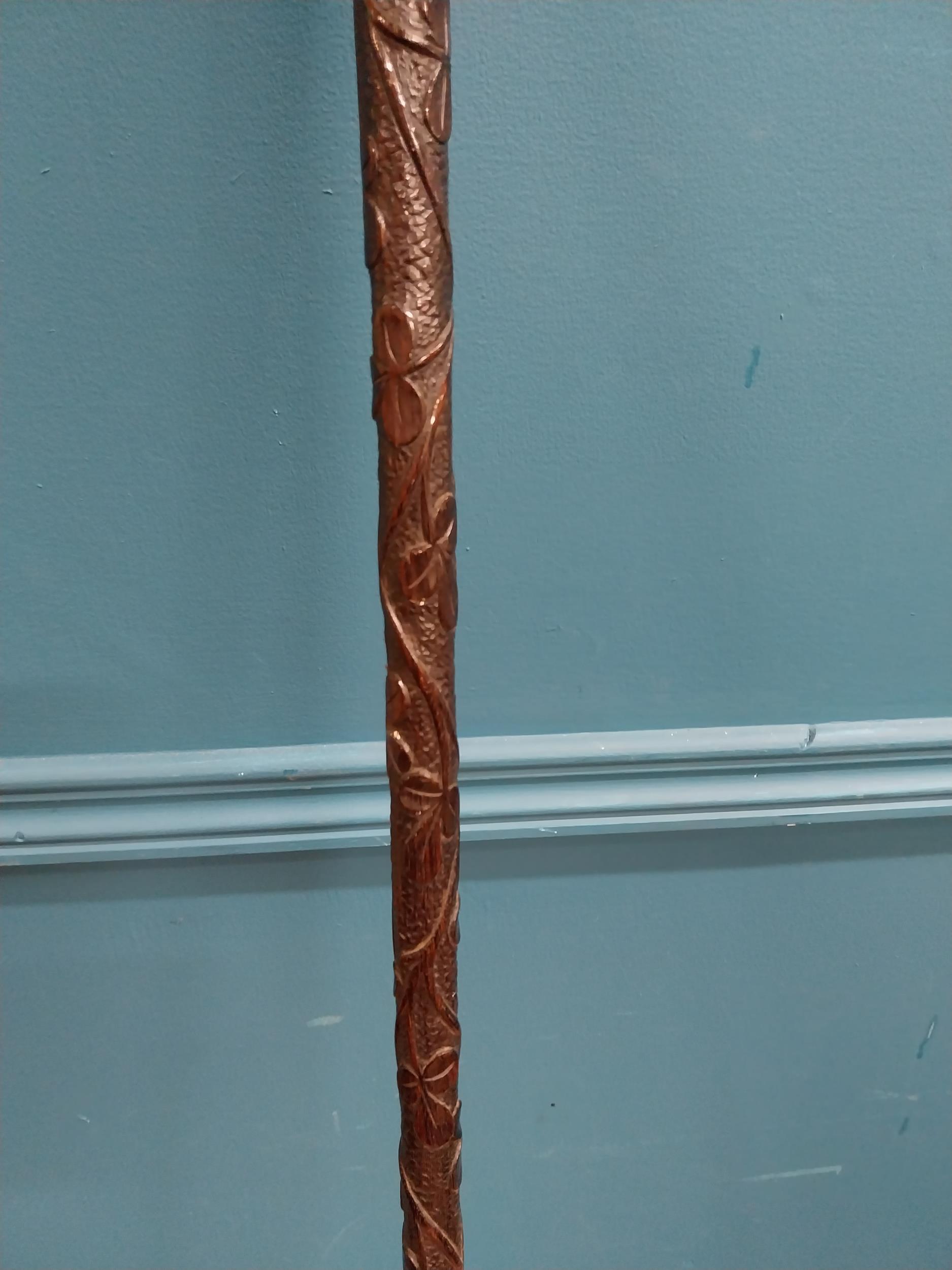 19th C. bog oak walking stick decorated with shamrocks. {94 cm H x 12 cm W} - Image 3 of 5