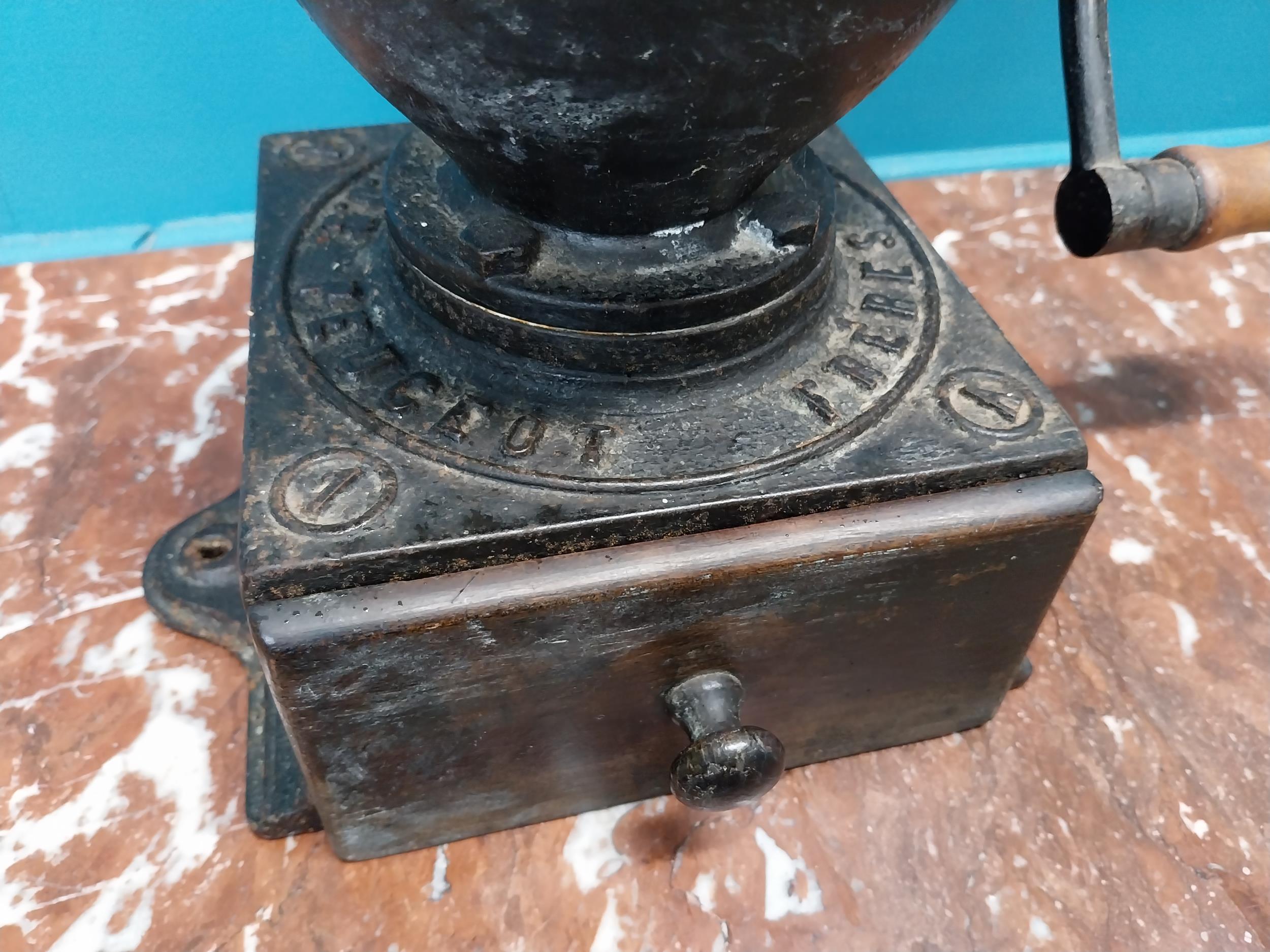 Early 20th C. cast iron coffee grinder. {36 cm H x 36 cm W x 23 cm D}. - Image 5 of 7