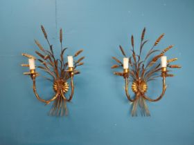 Rare pair of gilded metal wheat sheaf two branch wall lights. {59 cm H x 38 cm W x 25 cm D}.