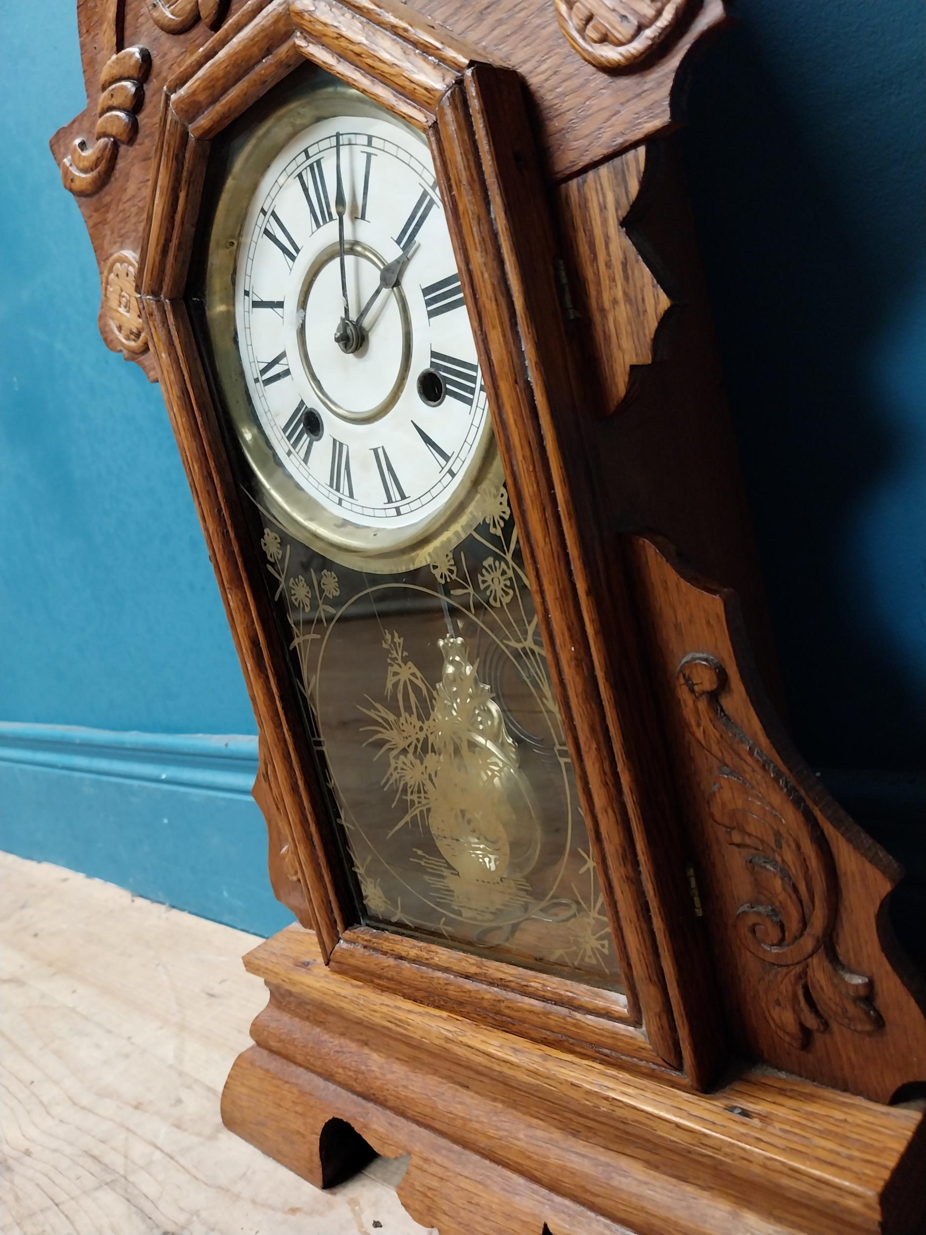 Early 20th C. oak gingerbread clock. {60 cm H x 37 cm W x 14 cm D}. - Image 4 of 5