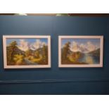 Pair of oil on canvas Mountain scenes {71 cm H x 103 cm W}.