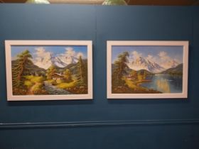 Pair of oil on canvas Mountain scenes {71 cm H x 103 cm W}.