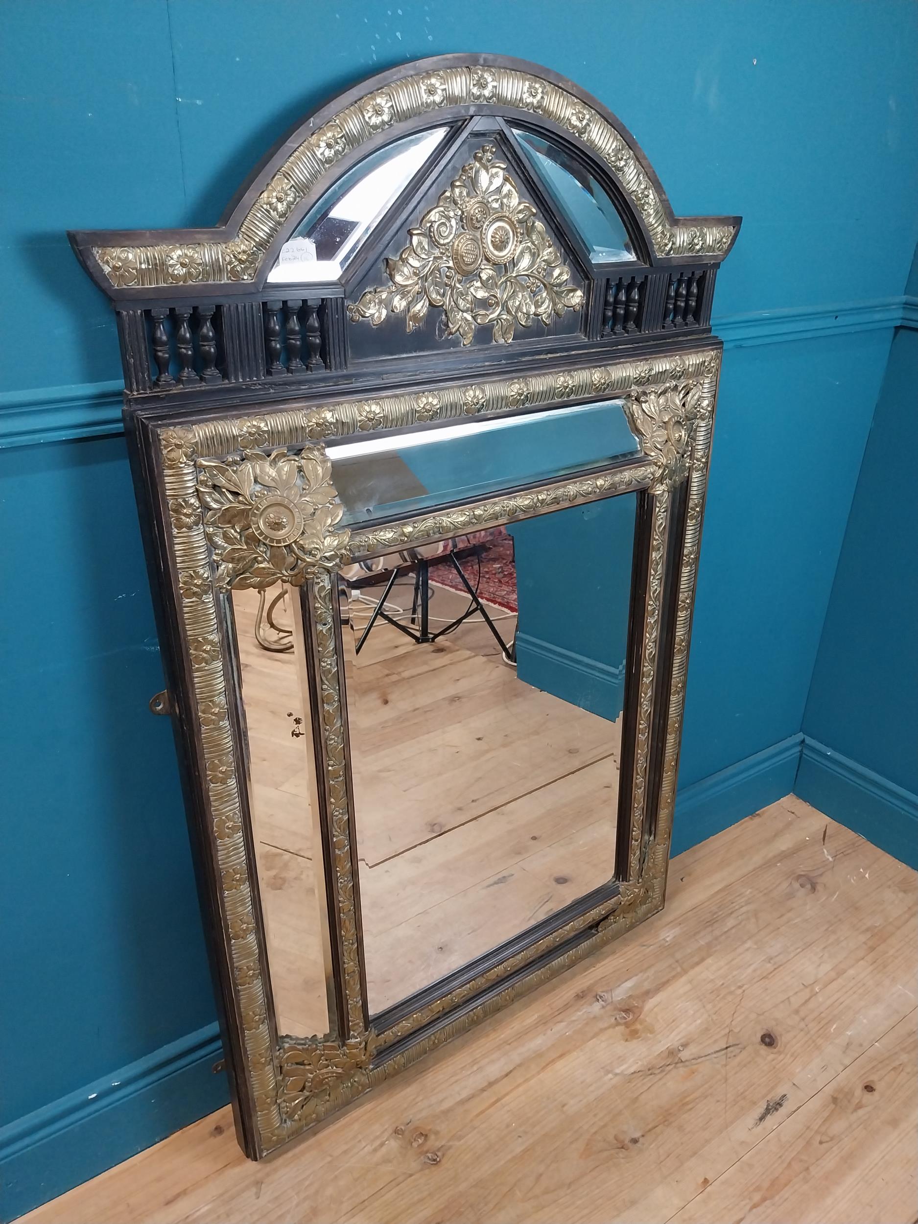 19th C. French brass and ebonised cushion mirror with floral decoration. {131 cm H x 86 cm W}. - Image 3 of 8