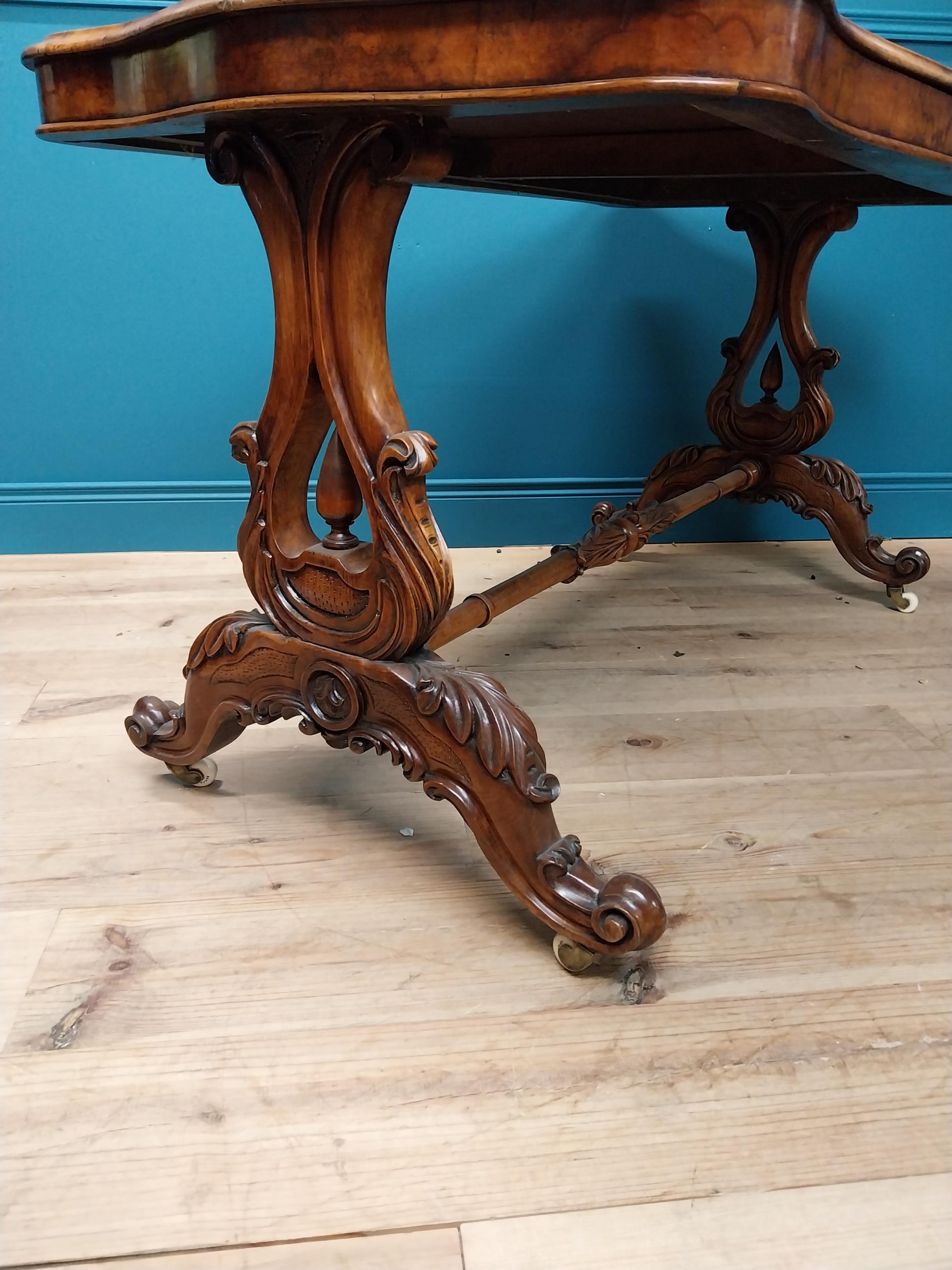 19th C. burr walnut sofa table raised on lyre supports and four outswept legs on turned stretcher { - Image 3 of 5